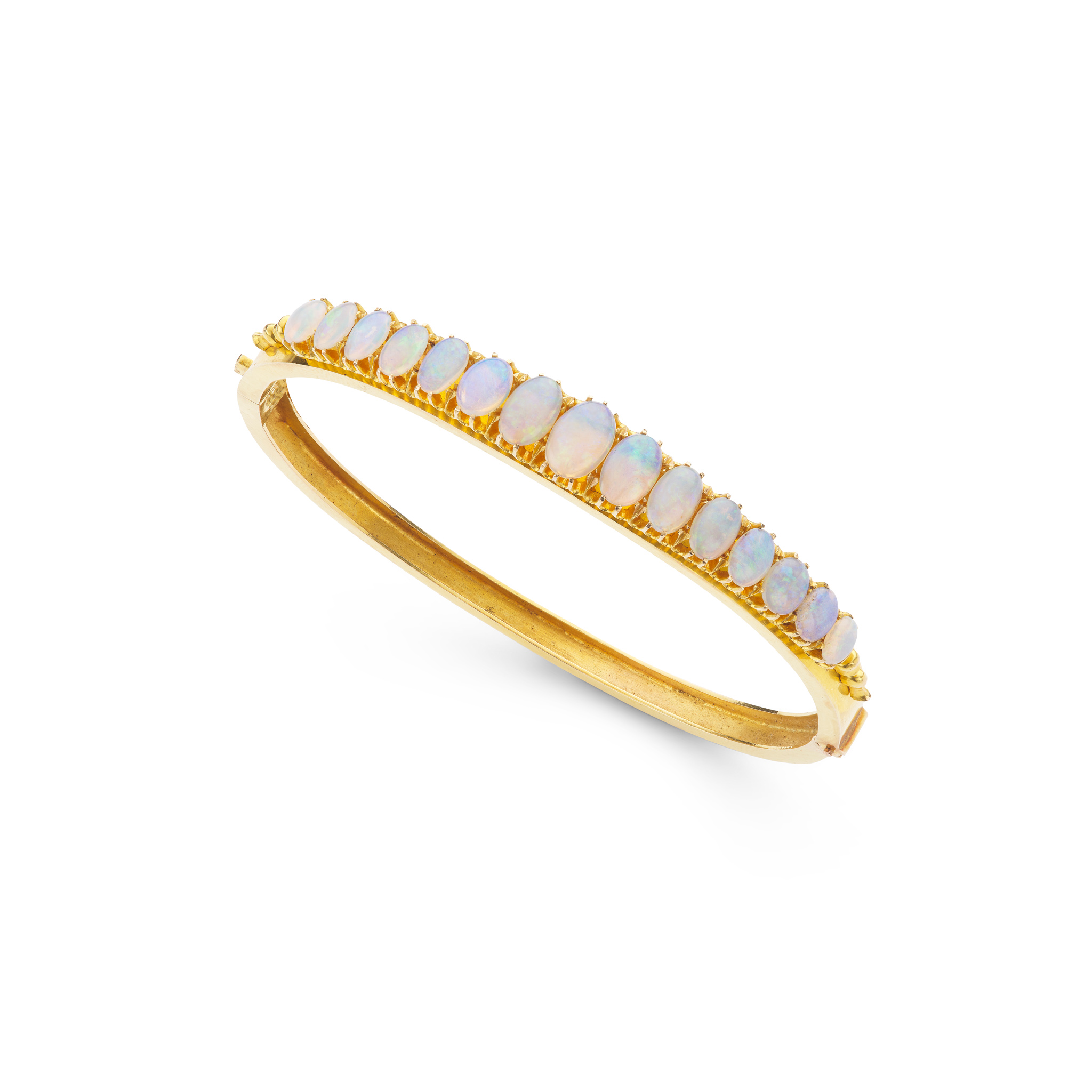 An opal bangle and a pair of opal and diamond pendent earrings