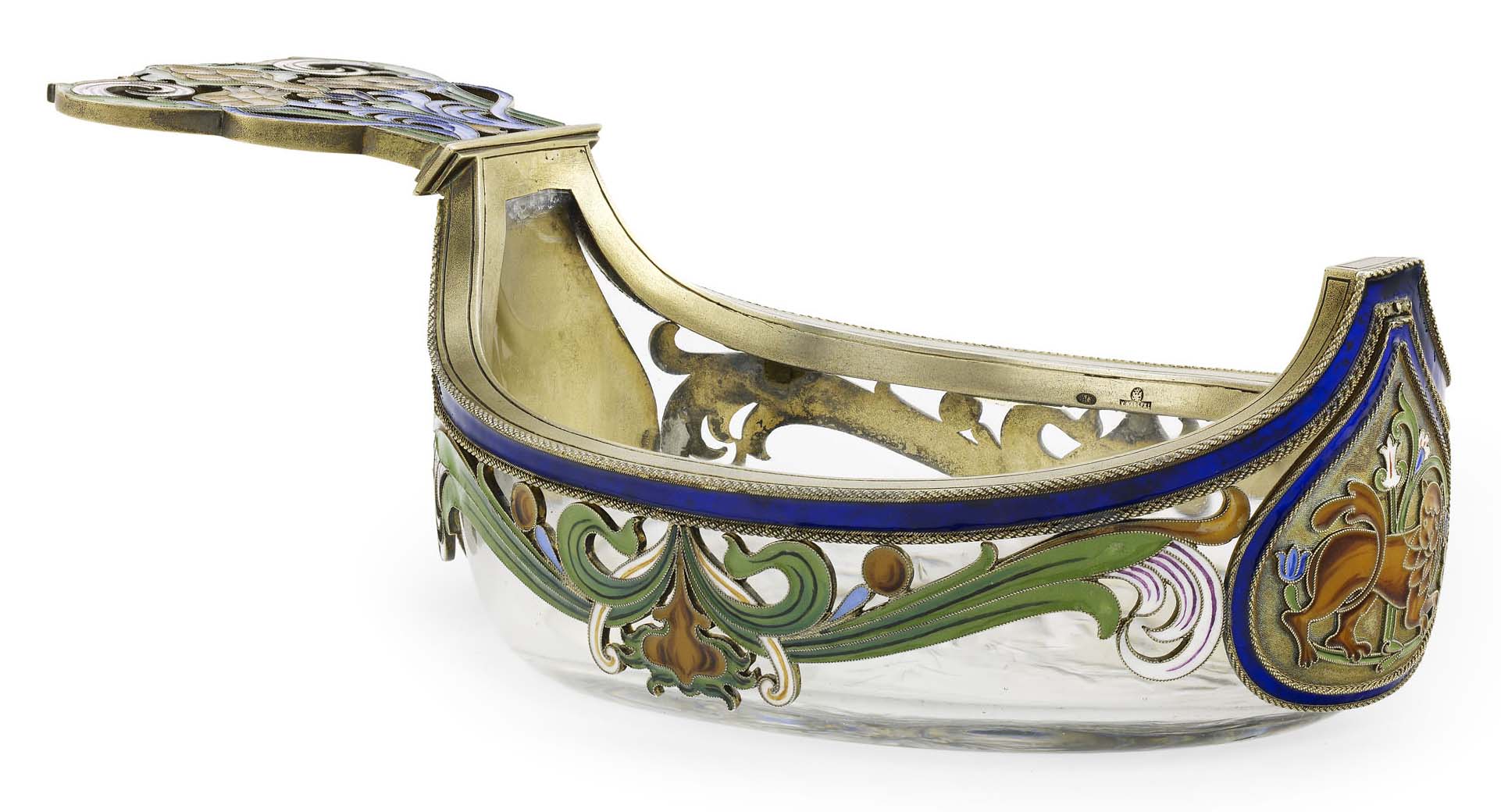 A Russian silver-gilt and shaded cloisonné enamel mounted glass kovsch