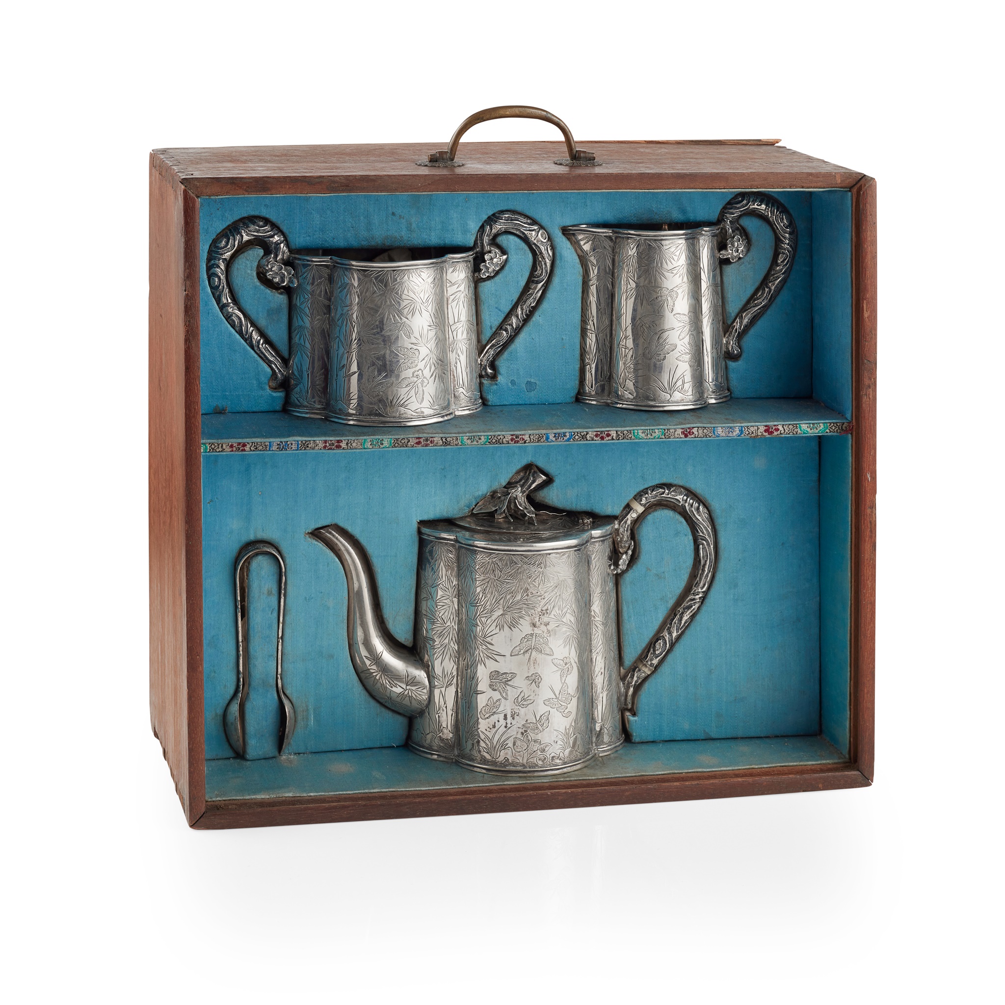 CASED CHINESE EXPORT SILVER THREE-PIECE TEA SERVICE WITH SUGAR TONGS