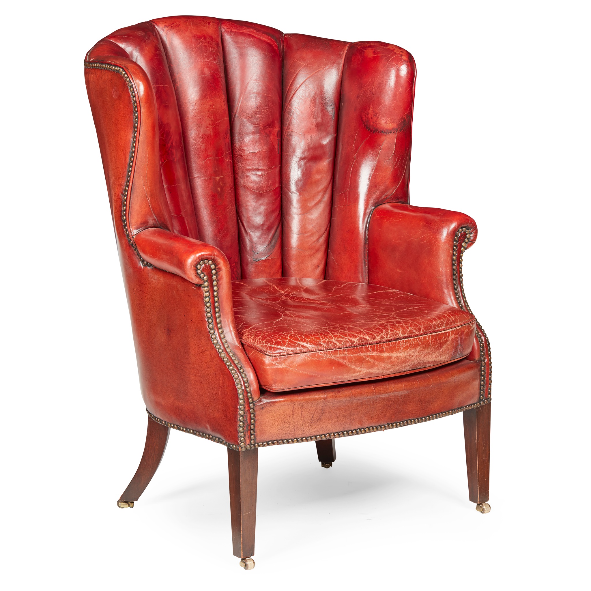 GEORGIAN STYLE CHANNEL-BACK RED LEATHER WING ARMCHAIR