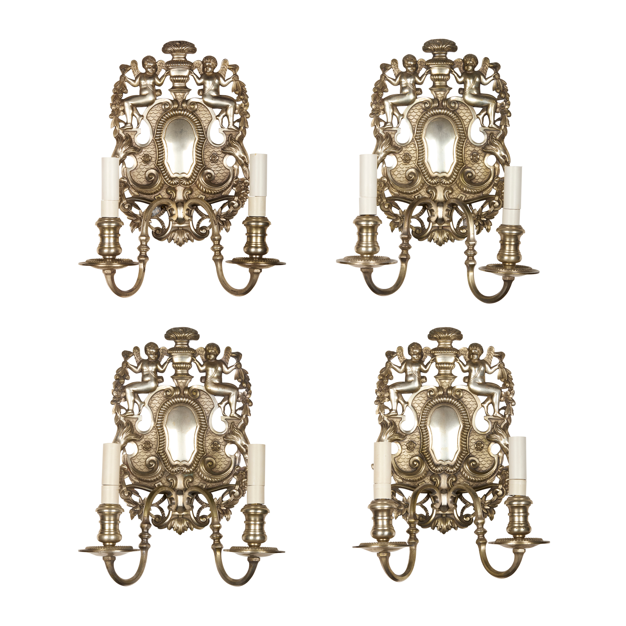 SET OF FOUR DUTCH STYLE SILVERED BRONZE WALL LIGHTS