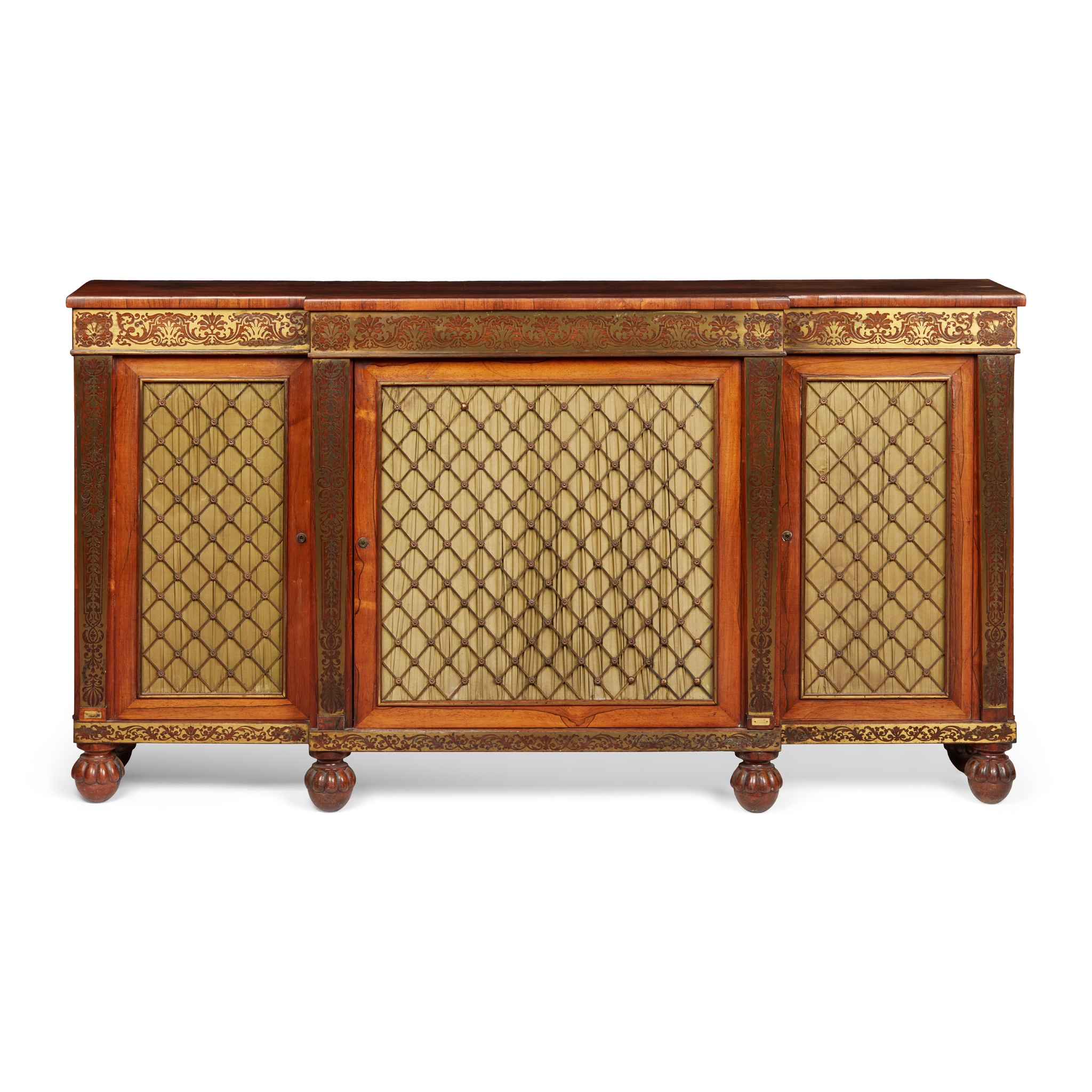REGENCY ROSEWOOD AND BRASS INLAID BREAKFRONT SIDE CABINET