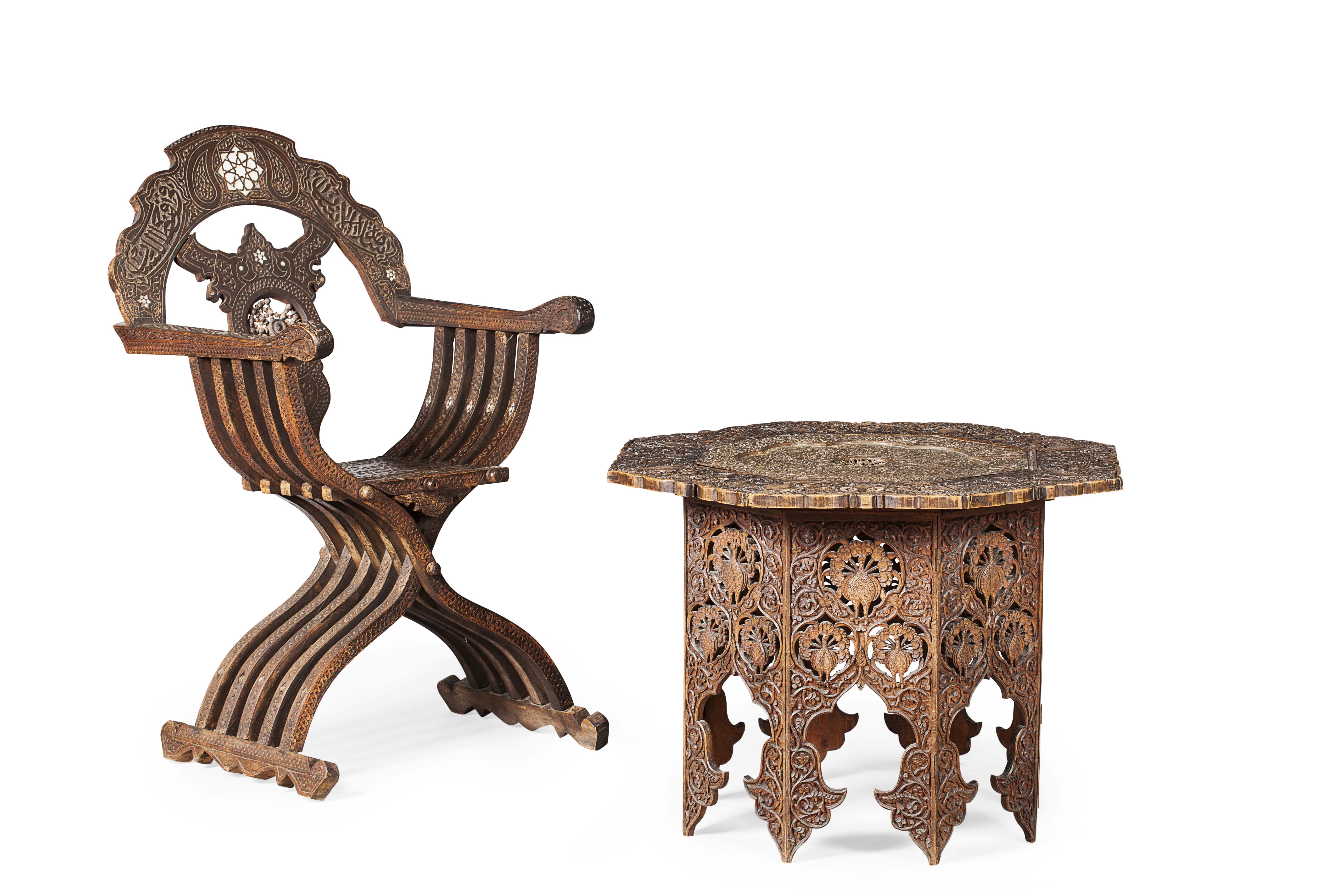 SYRIAN CARVED HARDWOOD X-FORM ARMCHAIR