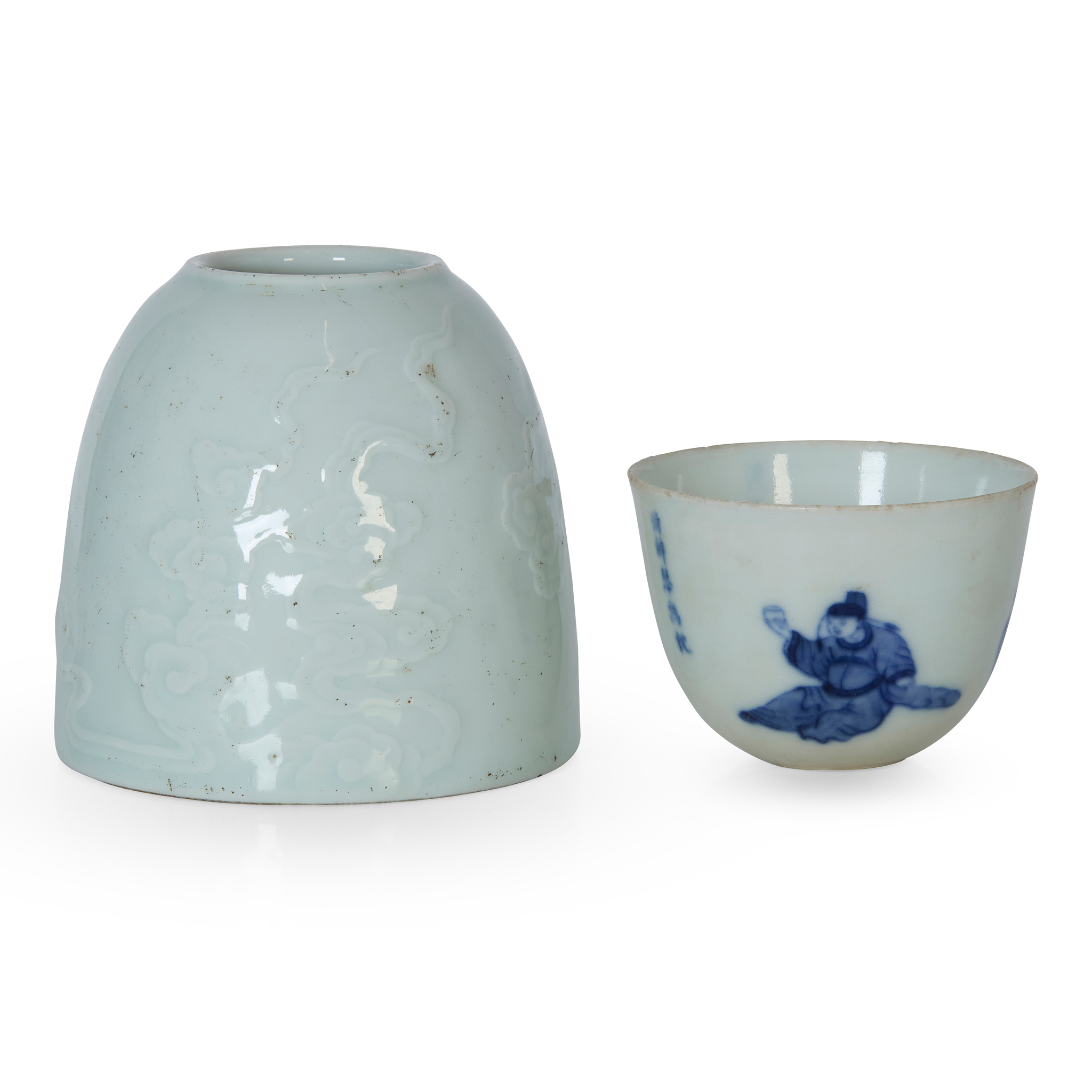 CHINESE WHITE-GLAZED WATERPOT AND A BLUE AND WHITE CUP
