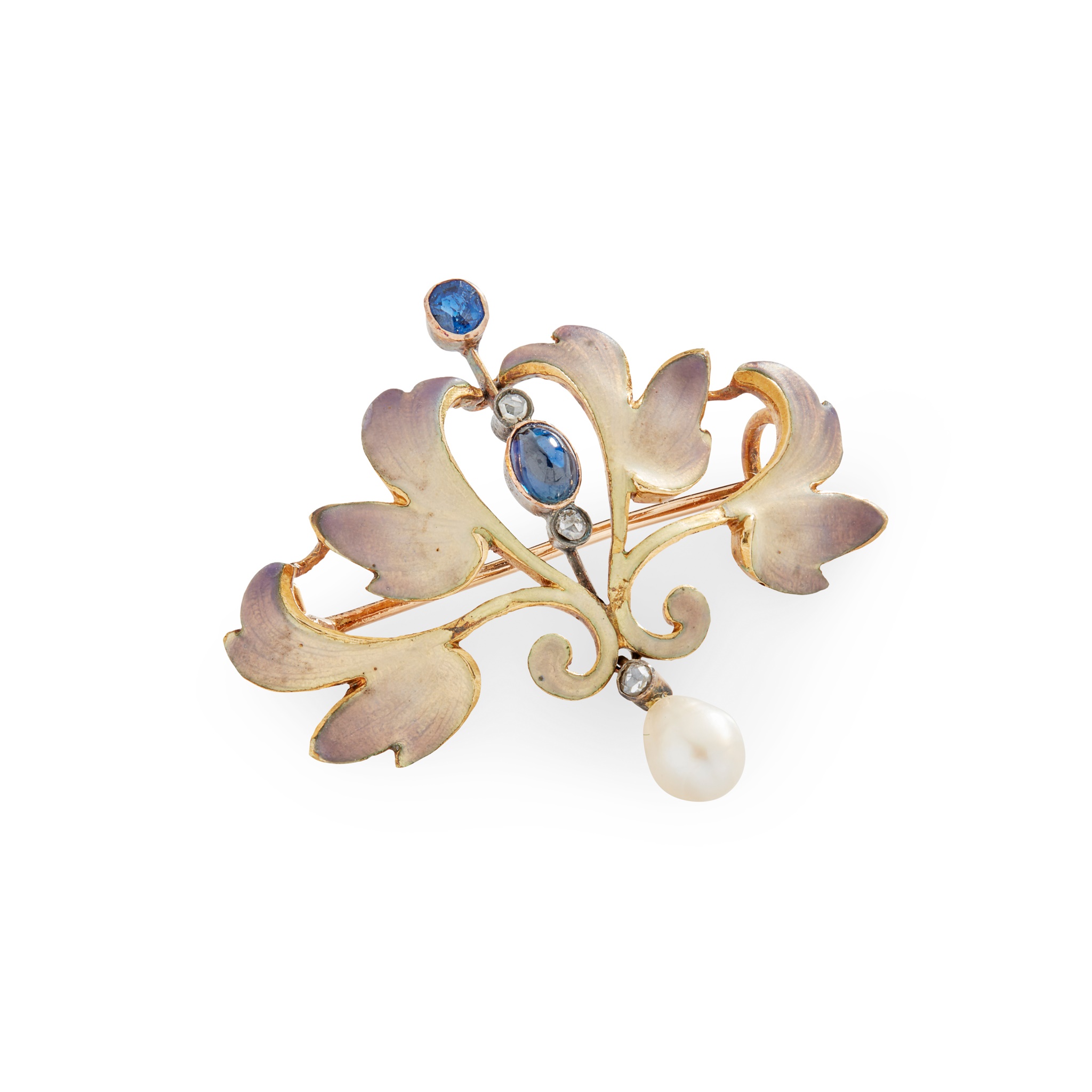 An Art Nouveau sapphire, pearl and enamel brooch