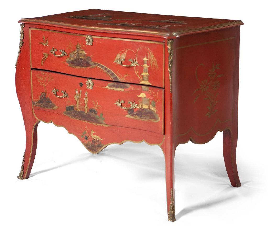 LOUIS XV STYLE RED LACQUER SERPENTINE COMMODE
