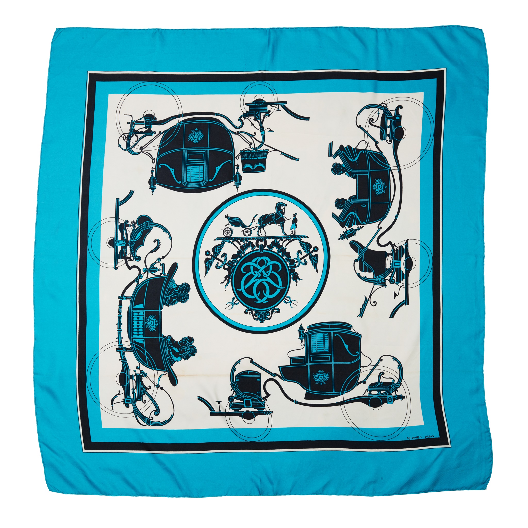 Hermès: A turquoise 'Carriages' scarf