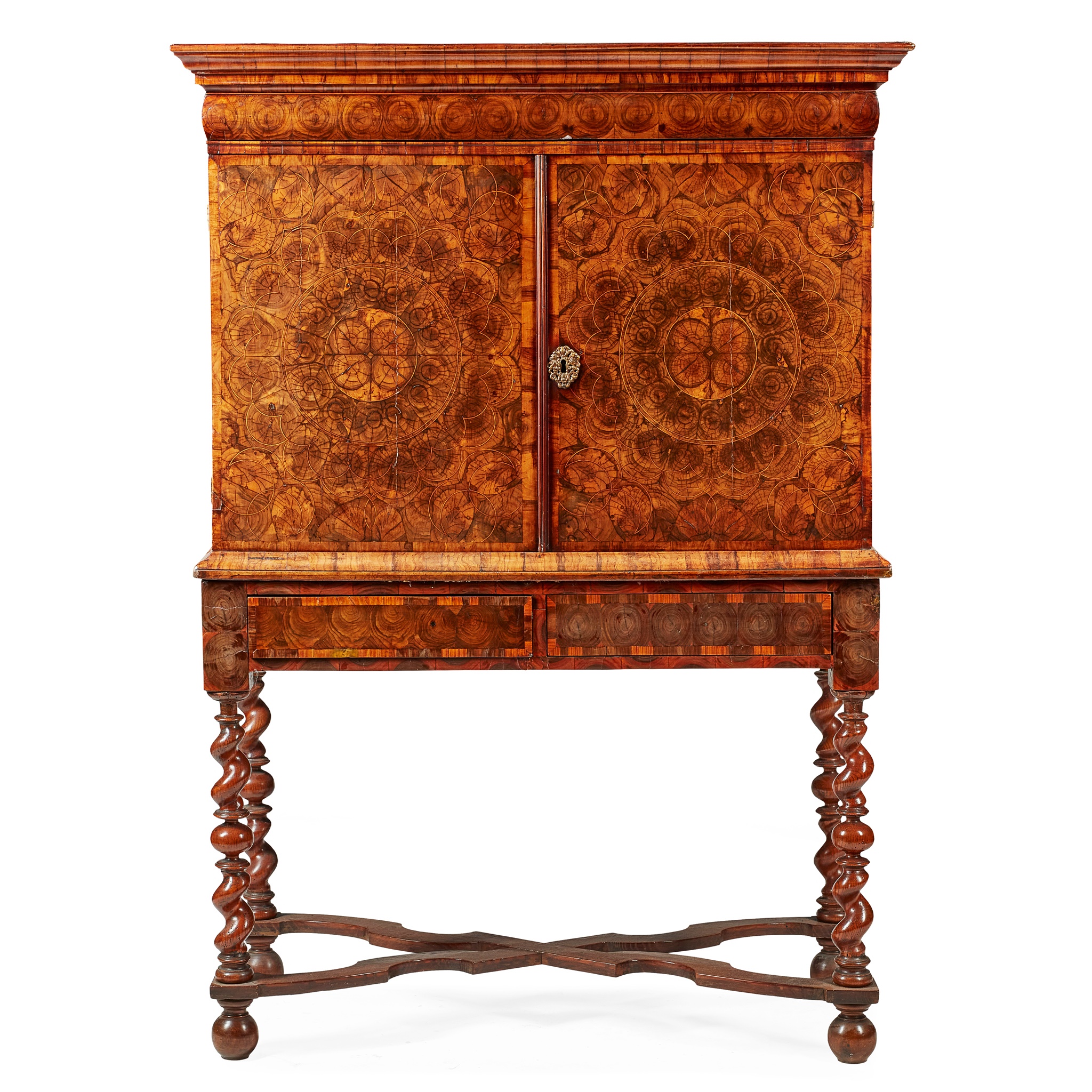 WILLIAM AND MARY WALNUT OYSTER VENEERED CABINET-ON-STAND