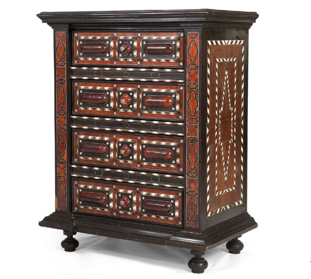 INDO-PORTUGUESE TORTOISE SHELL, EBONY AND IVORY INLAID COMMODE