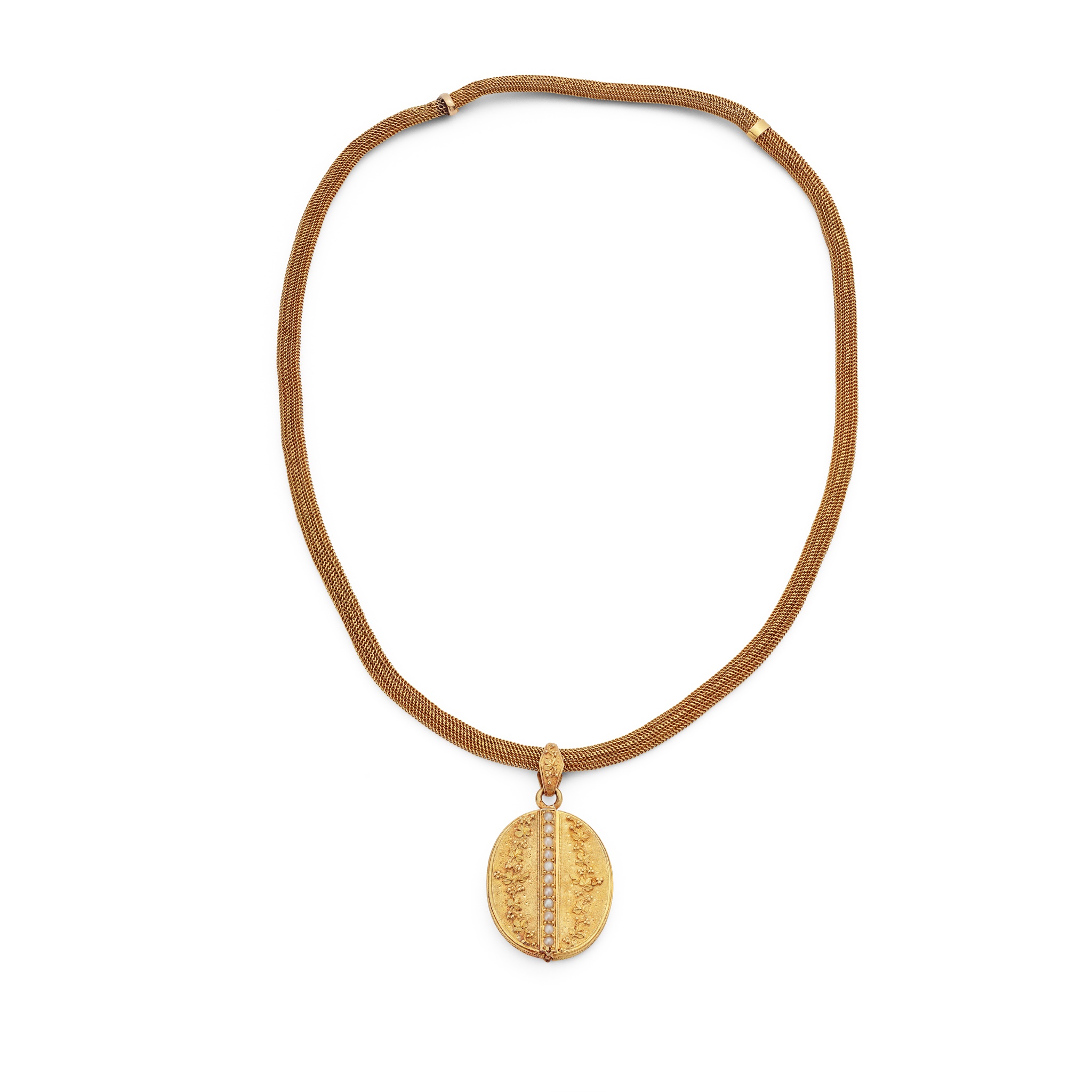 An antique seed pearl locket pendant necklace, circa 1870