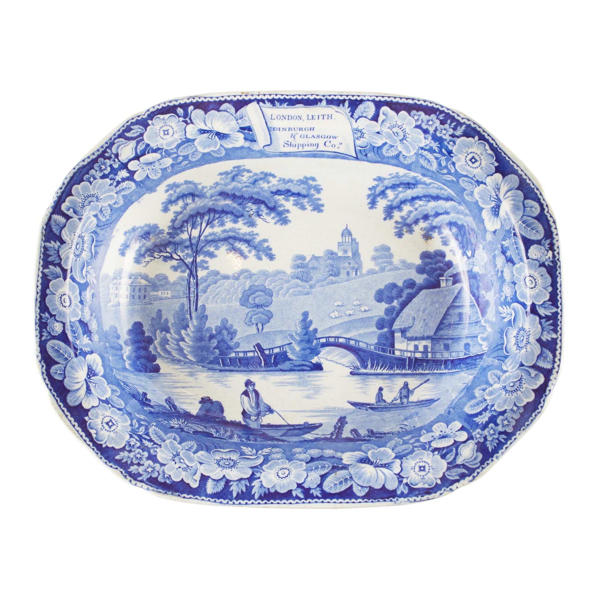 BLUE TRANSFER 'WILD ROSE' PATTERN POTTERY BASIN