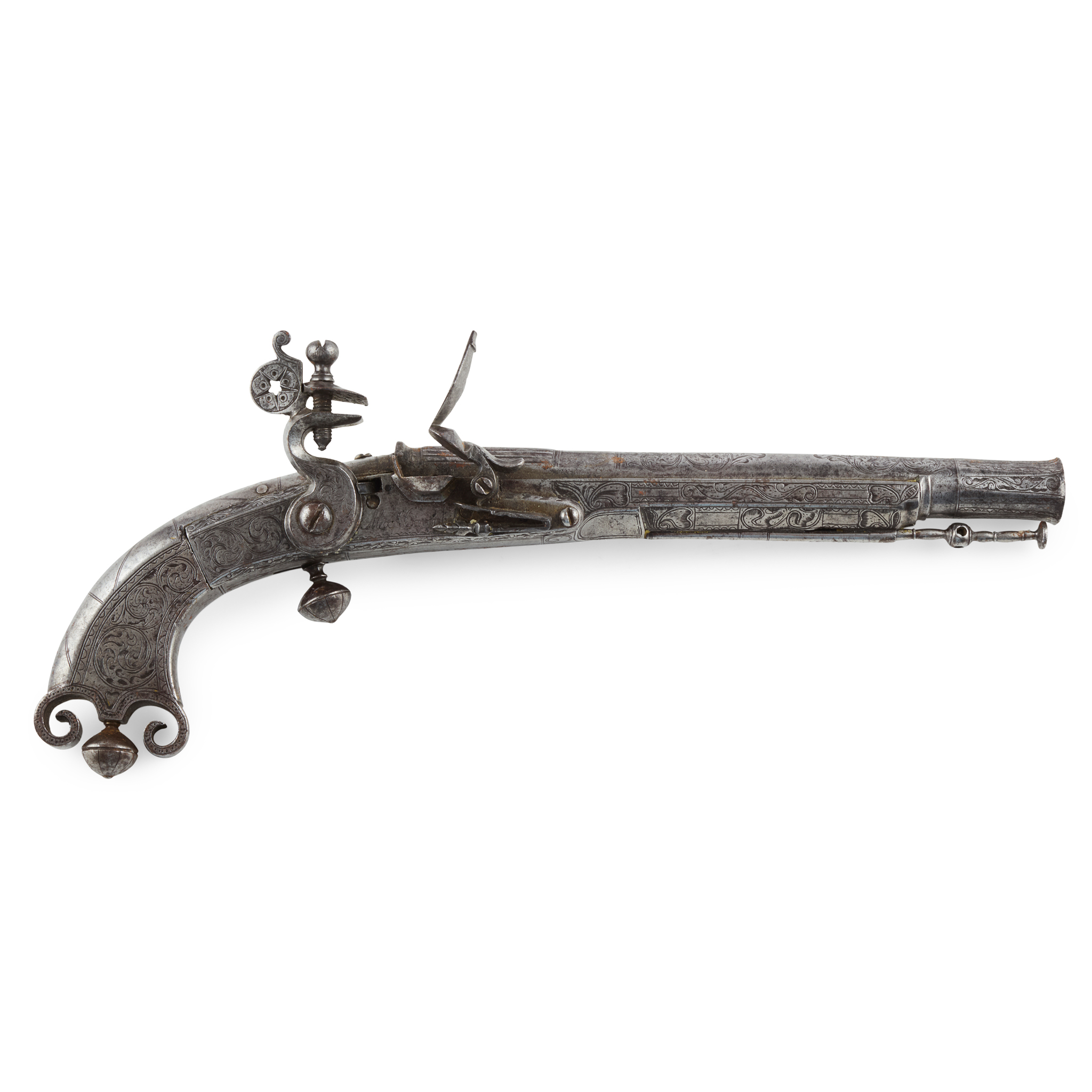 A MID-18TH CENTURY SCOTTISH FLINTLOCK ALL METAL SCROLL BUTT BELT PISTOL