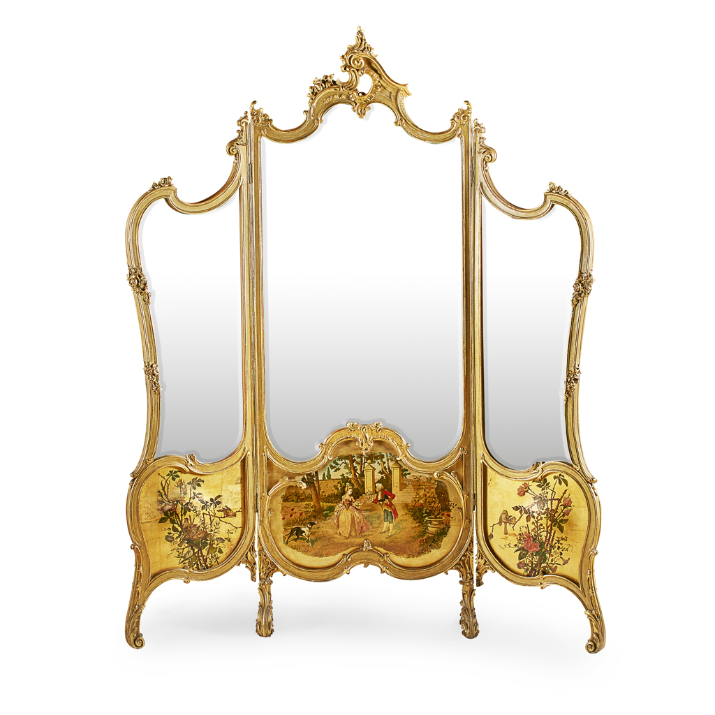 FRENCH ROCOCO STYLE GILTWOOD AND VERNIS MARTIN THREE FOLD DRESSING MIRROR