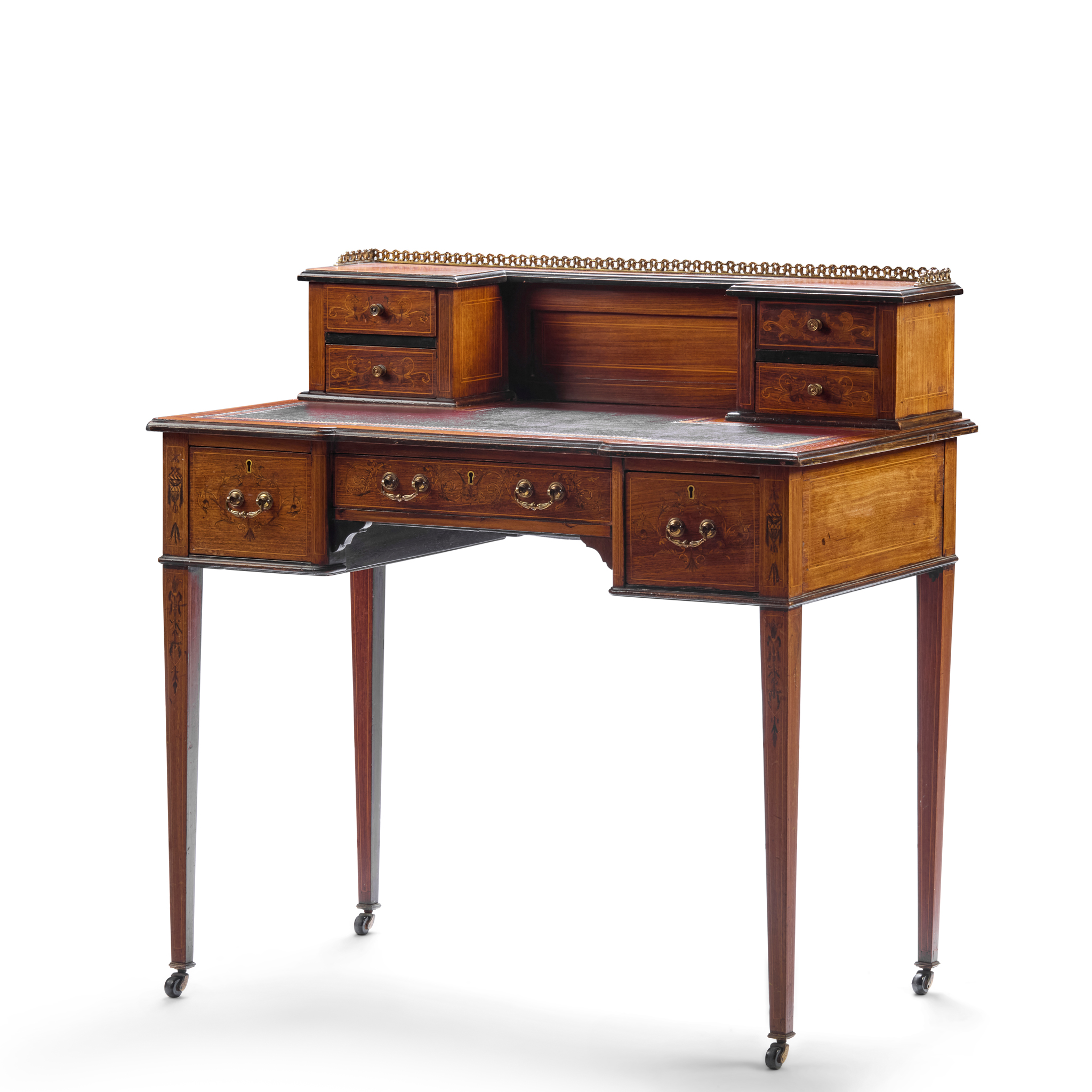 LATE VICTORIAN ROSEWOOD, SATINWOOD, EBONISED AND INLAID LADIES WRITING DESK, BY MAPLE & CO.