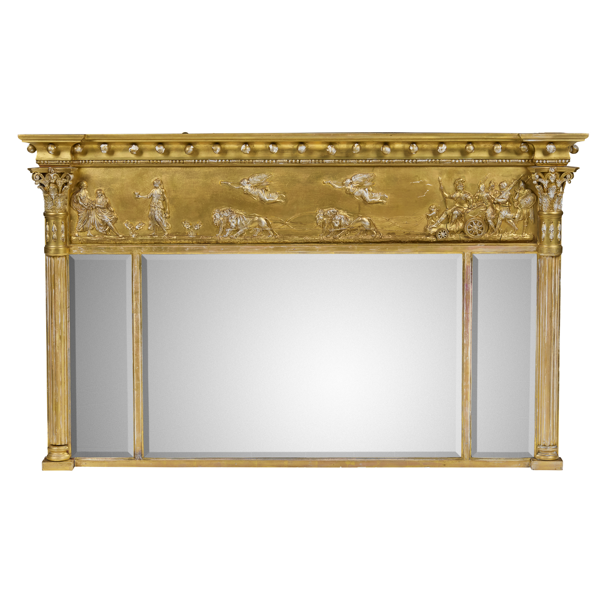 REGENCY GILTWOOD AND GESSO TRIPLE PLATE OVERMANTEL MIRROR