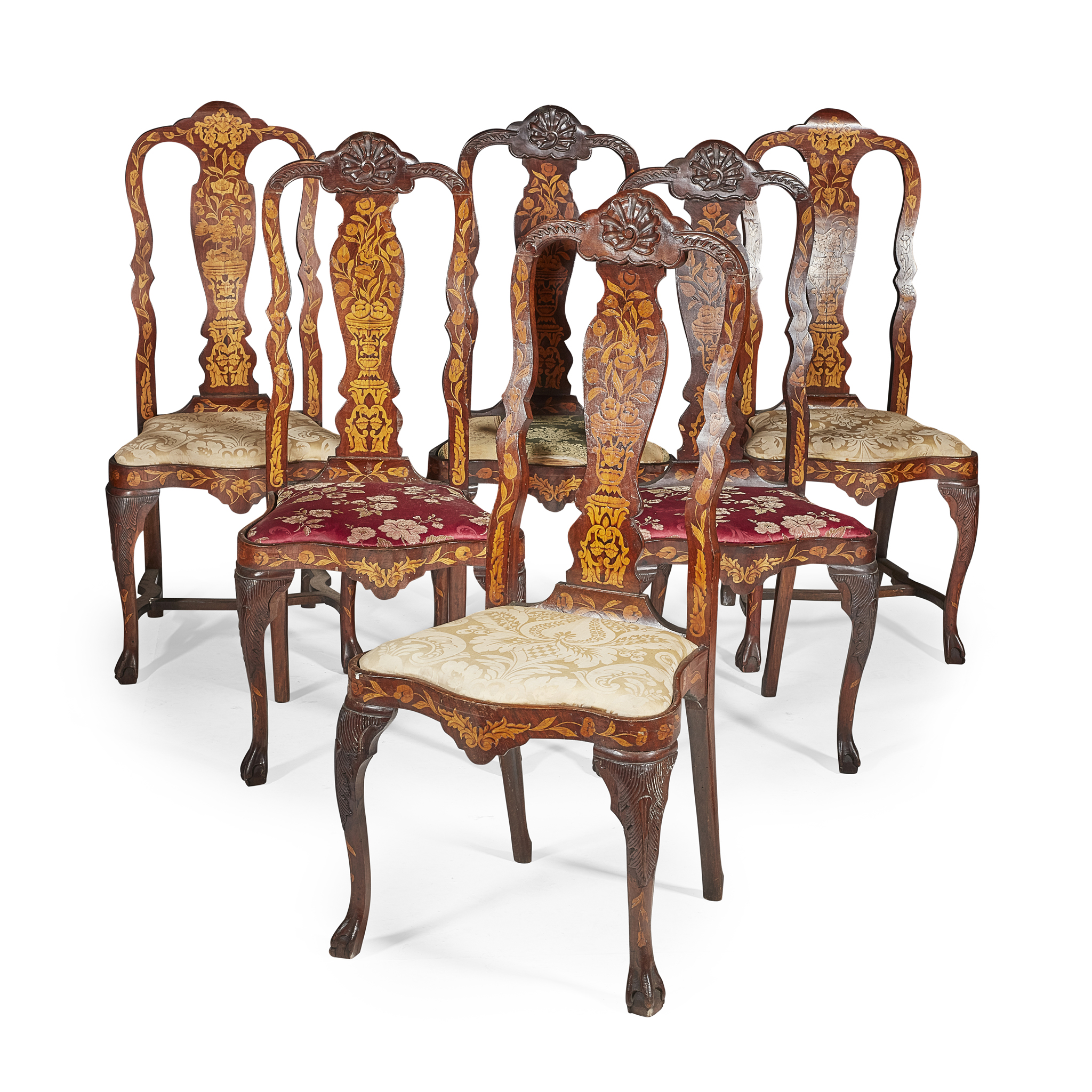 ASSEMBLED SET OF SIX DUTCH WALNUT AND MARQUETRY SIDE CHAIRS