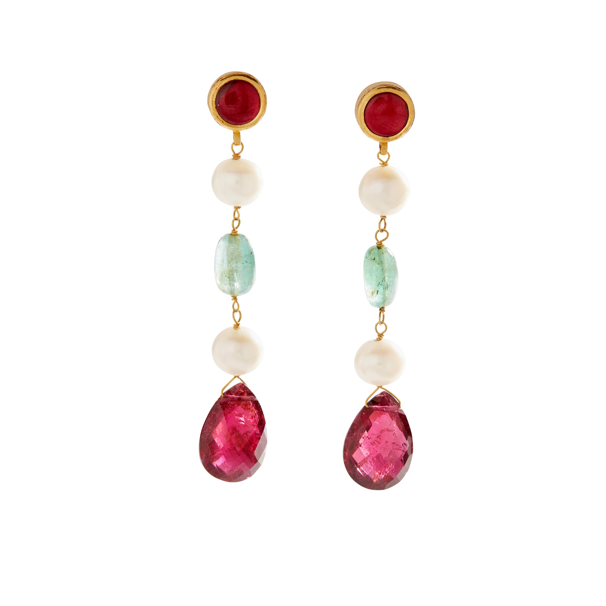 A pair of emerald, tourmaline and cultured pearl earrings