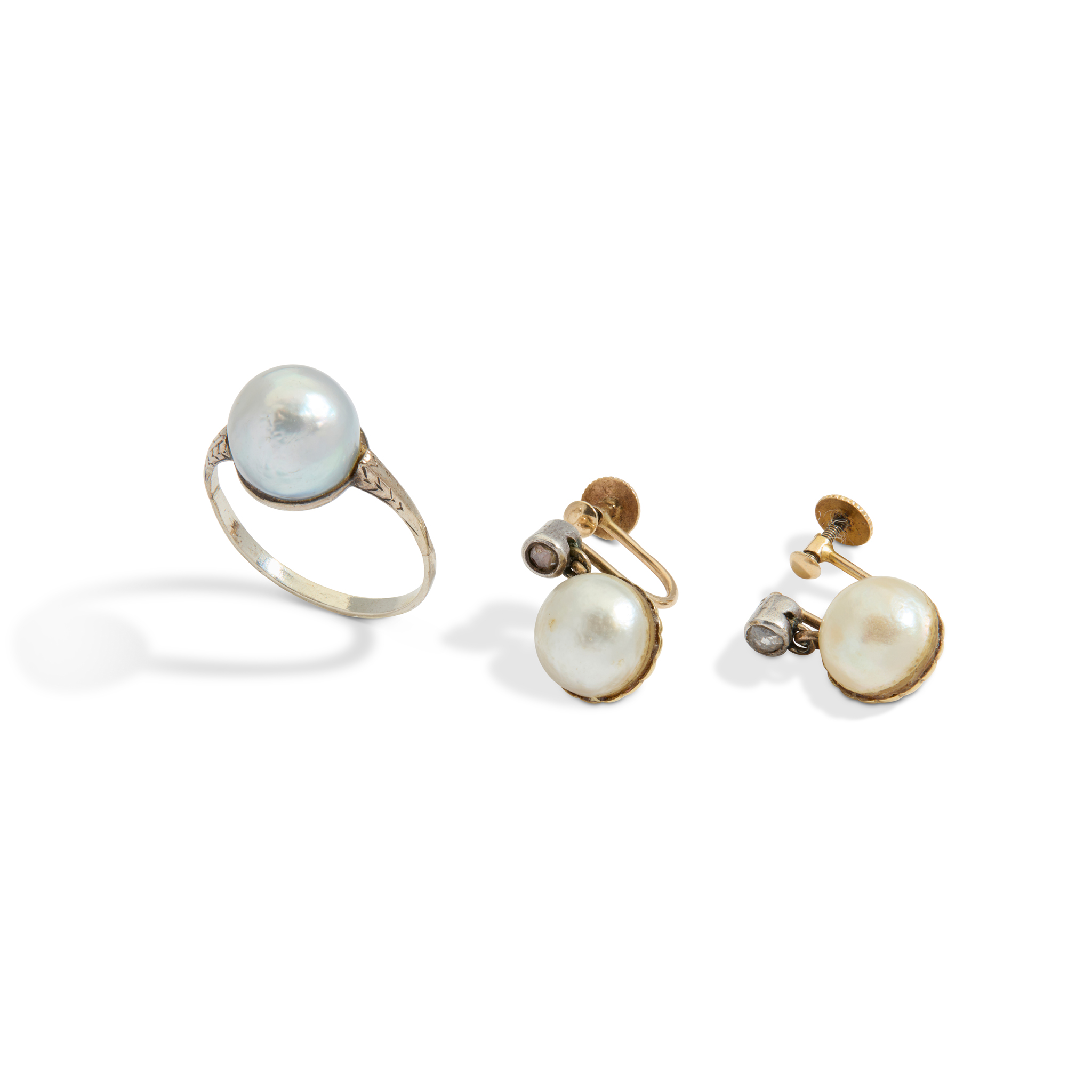 A pair of cultured pearl and diamond earrings and matching ring