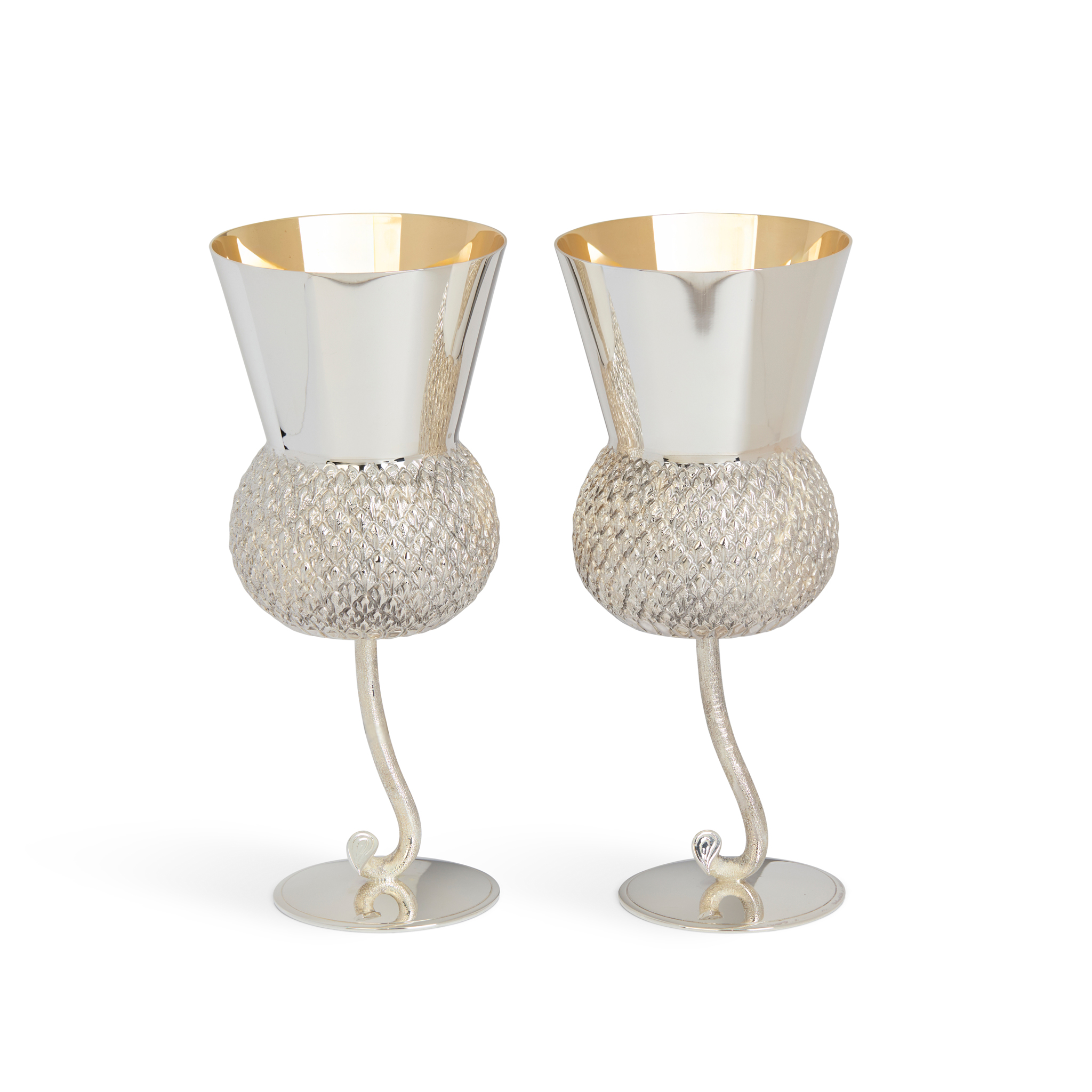 MATCHED PAIR OF CONTEMPORARY SILVER STEMMED THISTLE GOBLETS