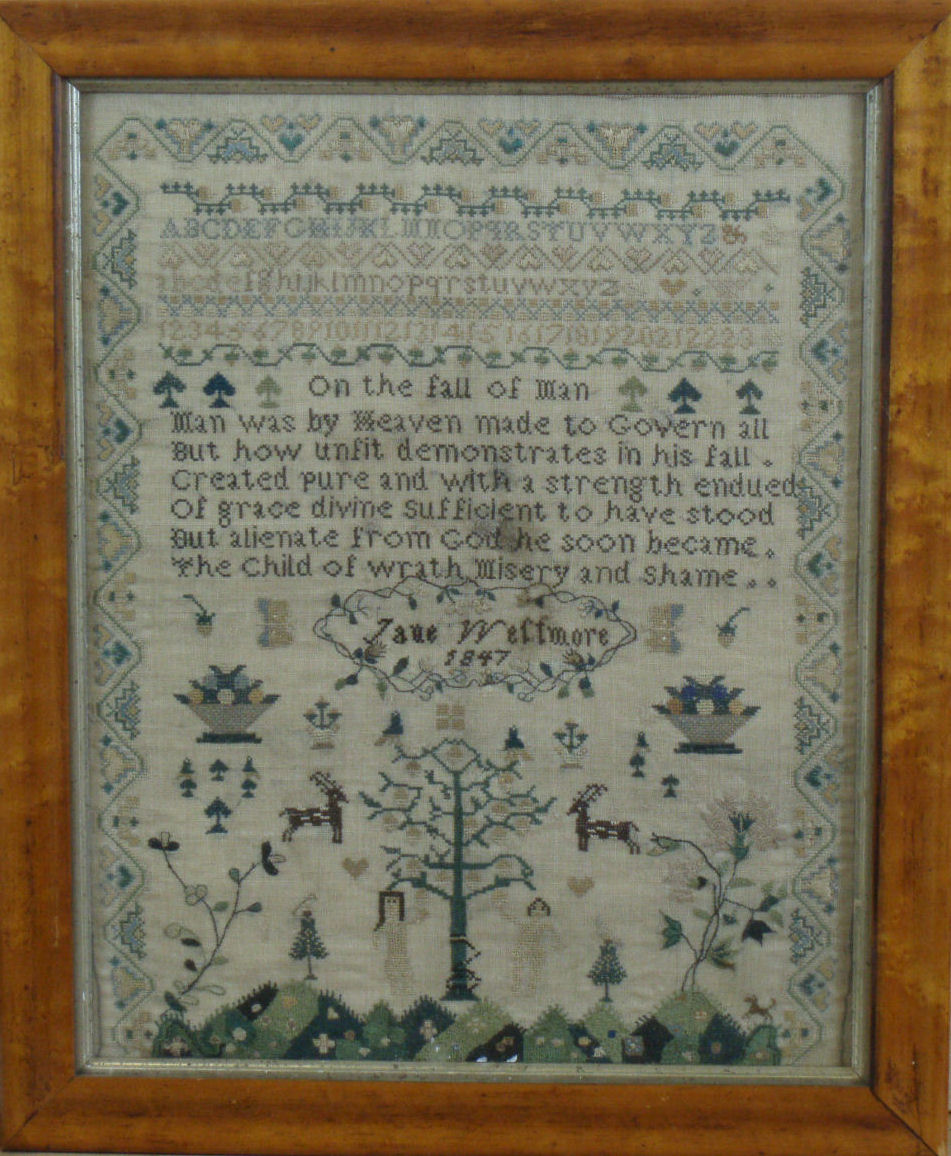 A Victorian needlework sampler 'On the Fall of Man' By Jane Wetmore, 1847