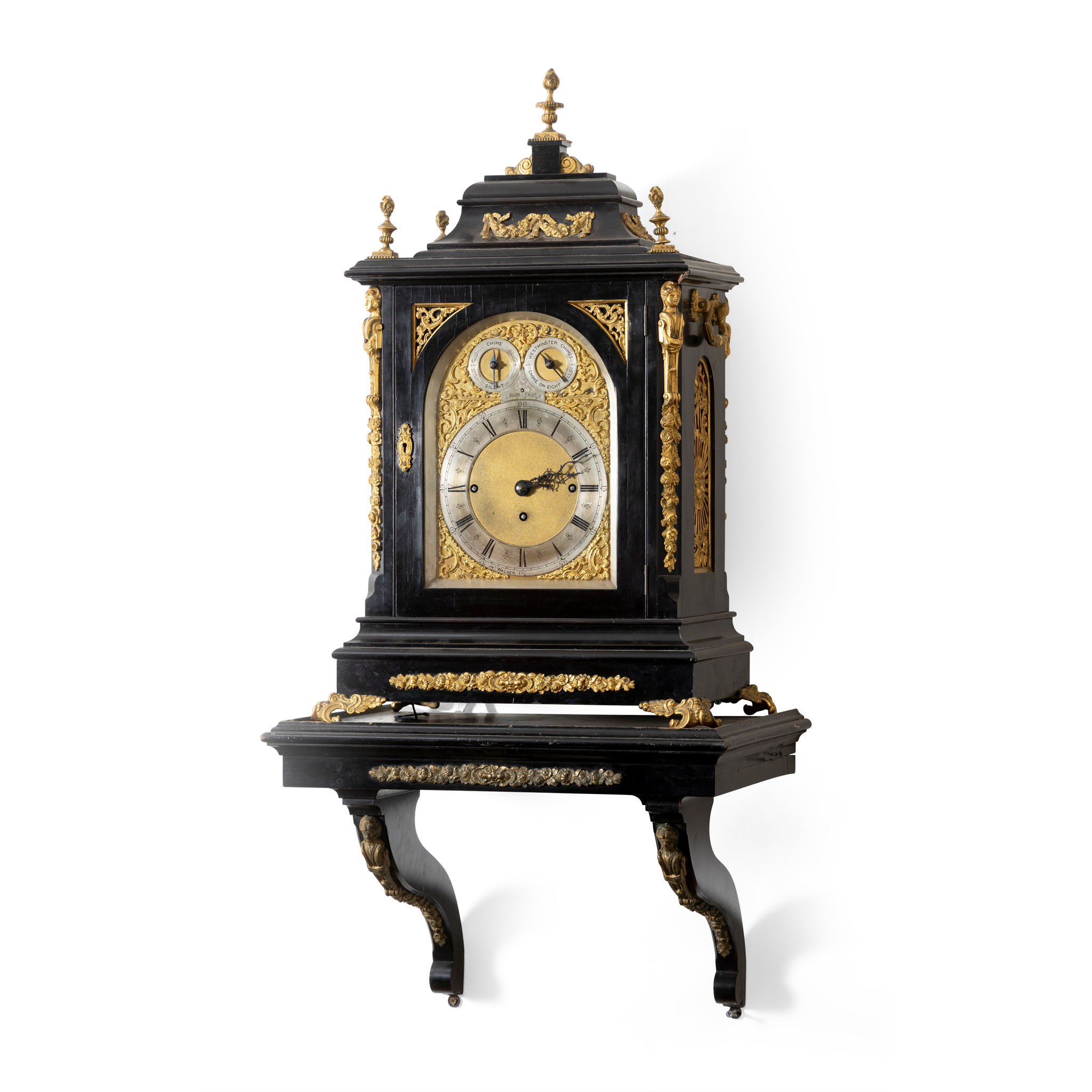 AN EBONISED AND GILT METAL MOUNTED BRACKET CLOCK OF LARGE PROPORTIONS