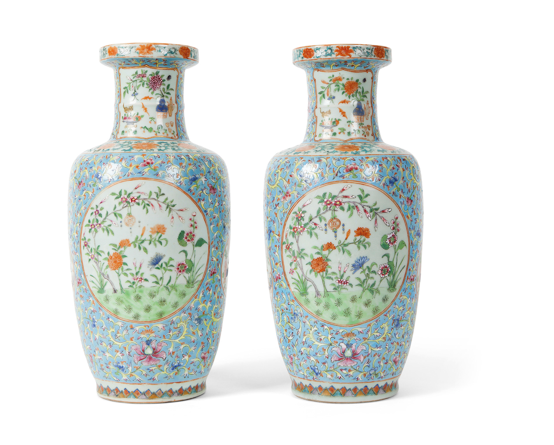 PAIR OF FAMILLE ROSE CELADON GROUND VASES
