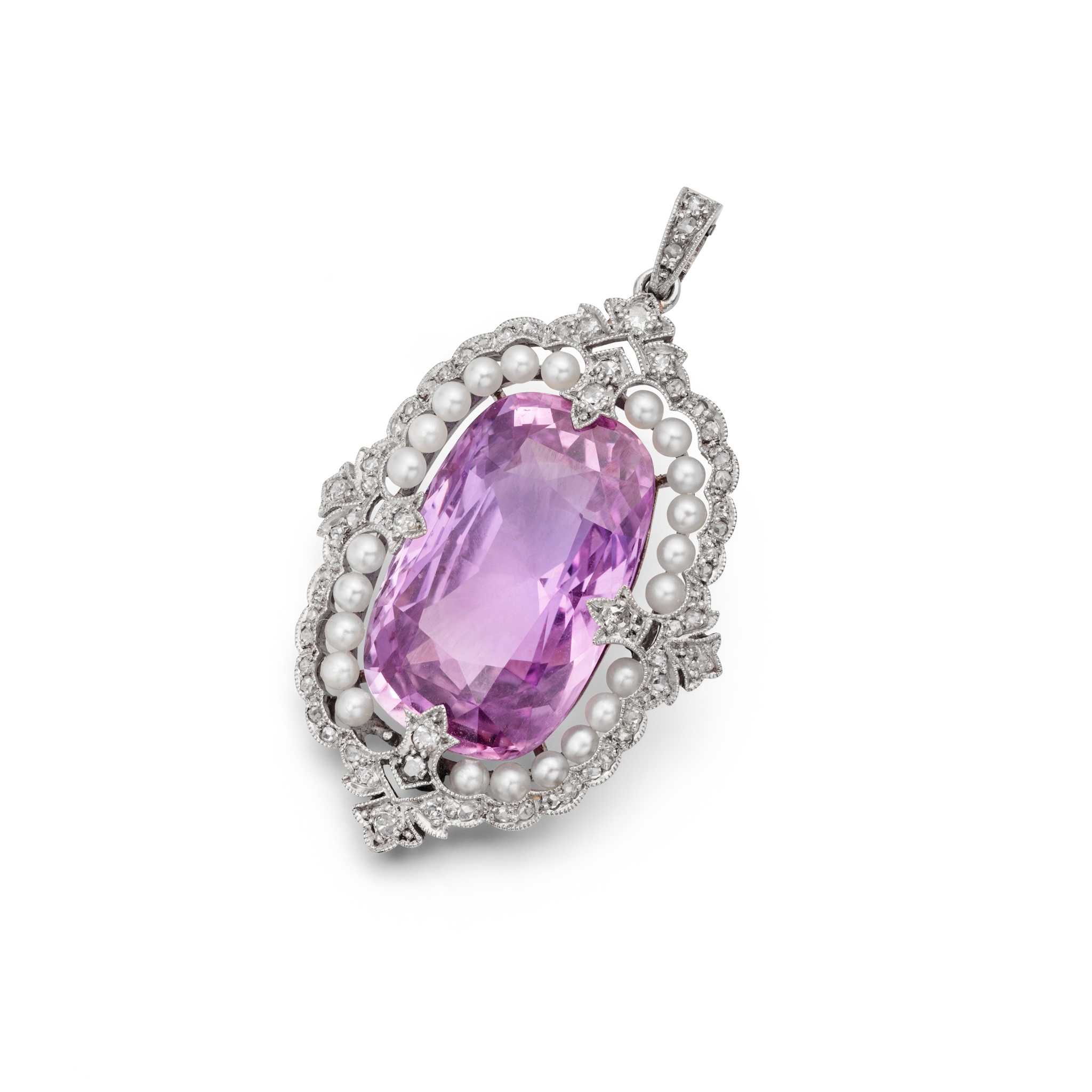 An American Art Deco pink sapphire, seed pearl and diamond pendant, 1920s