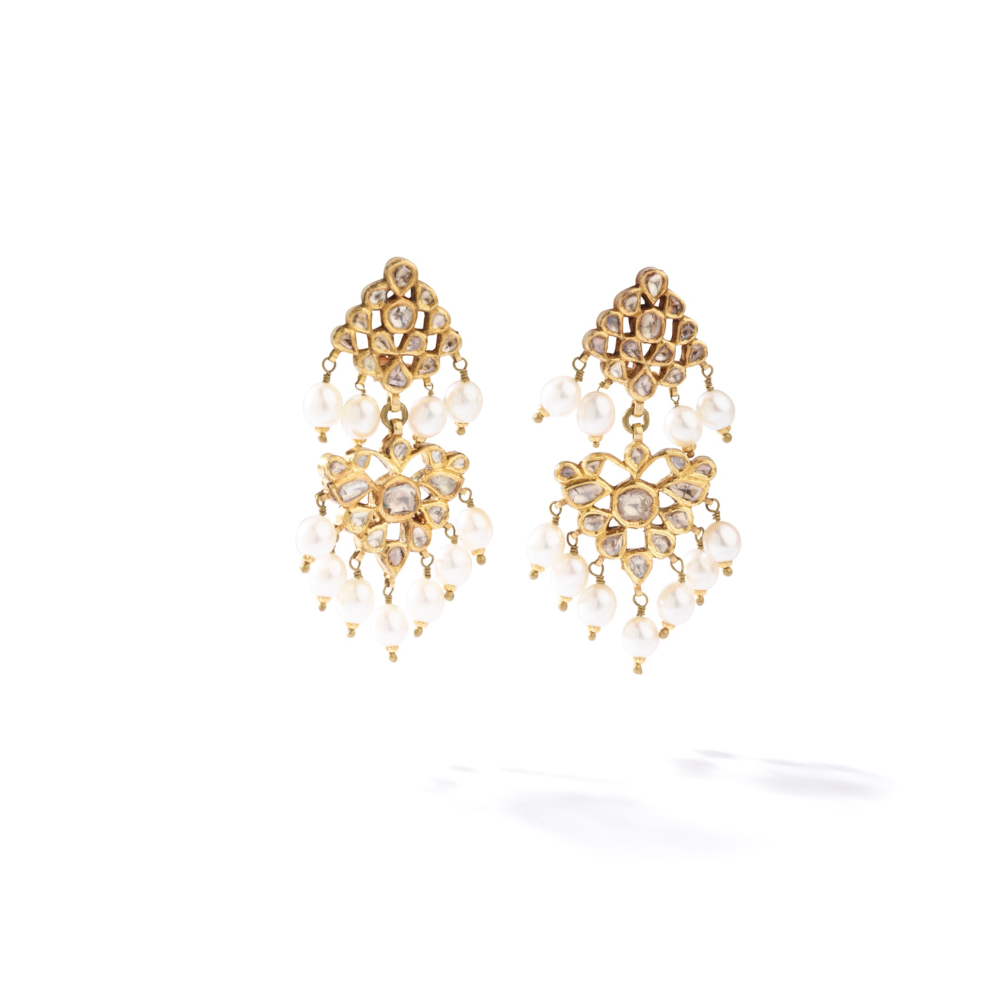 A pair of Indian cultured pearl and diamond earrings