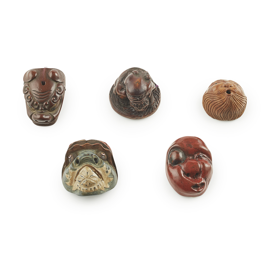 GROUP OF FIVE WOOD AND NUT NETSUKE