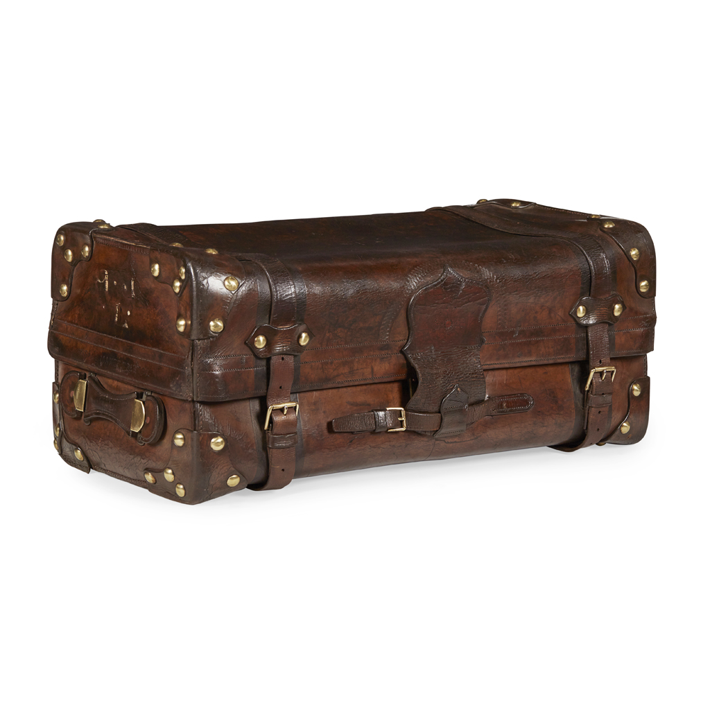 VICTORIAN LEATHER AND BRASS STUDDED TRUNK, W. INSALL & SONS, BRISTOL