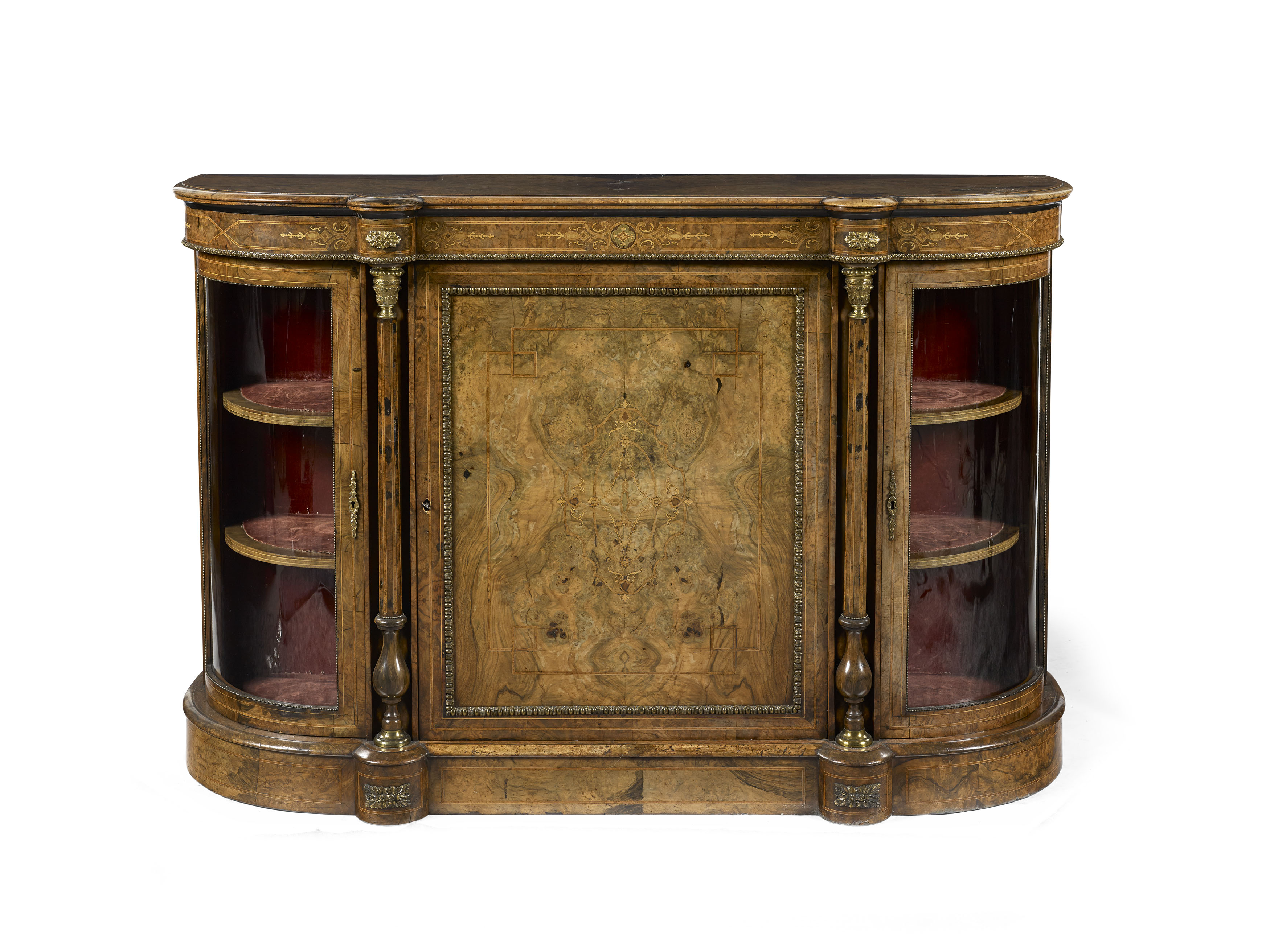 VICTORIAN BURR WALNUT, INLAY AND GILT METAL MOUNTED CREDENZA
