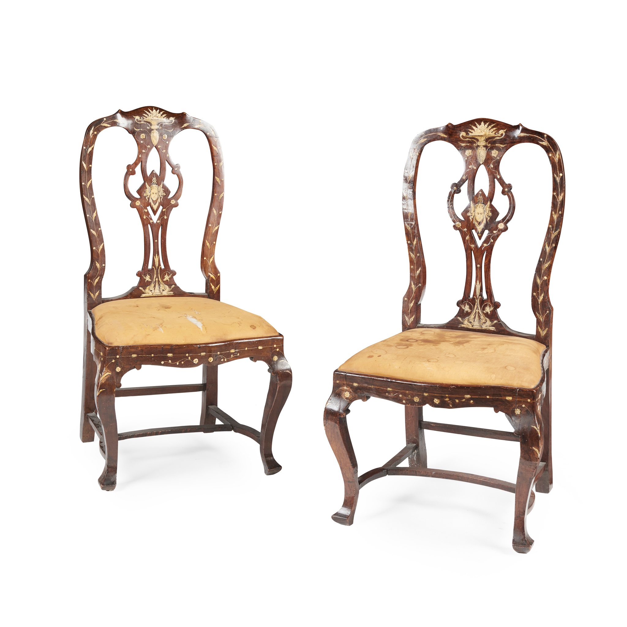 A PAIR OF ITALIAN WALNUT AND IVORY INLAID SIDE CHAIRS