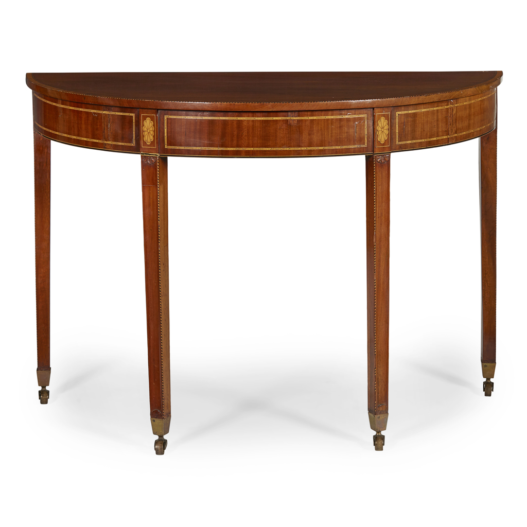 GEORGE III MAHOGANY AND SATINWOOD DEMILUNE SIDE TABLE