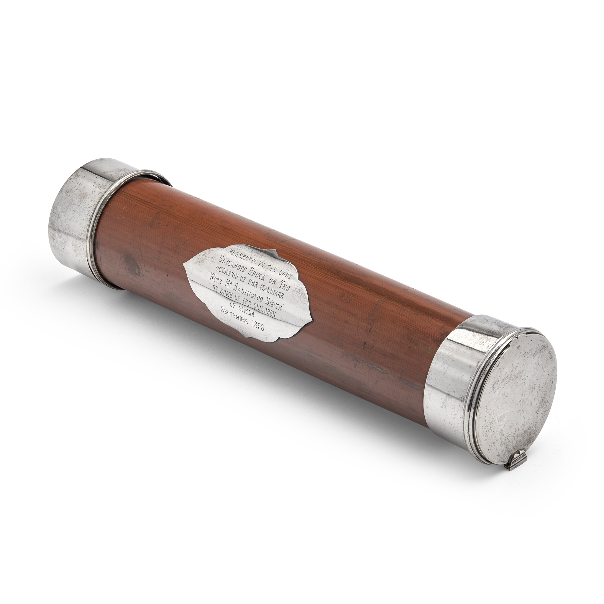 SIMLA - AN INDIAN WOODEN AND SILVER PRESENTATION SCROLL HOLDER AND SCROLL TO LADY ELIZABETH BRUCE