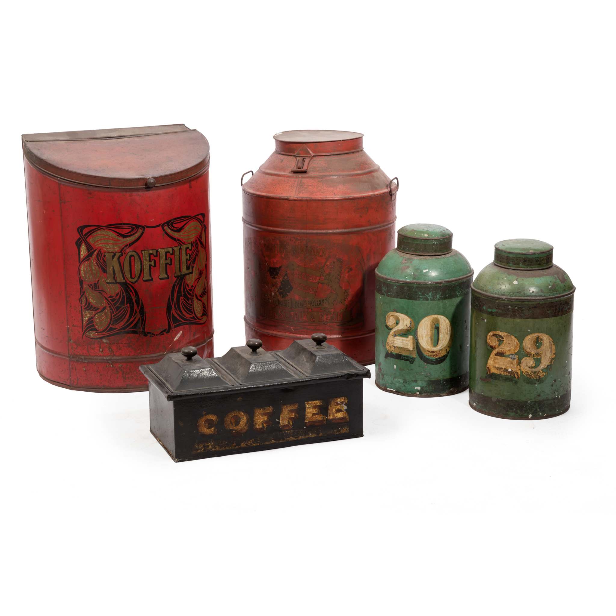 AN ART-NOUVEAU RED PAINTED METAL KOFFIE BIN