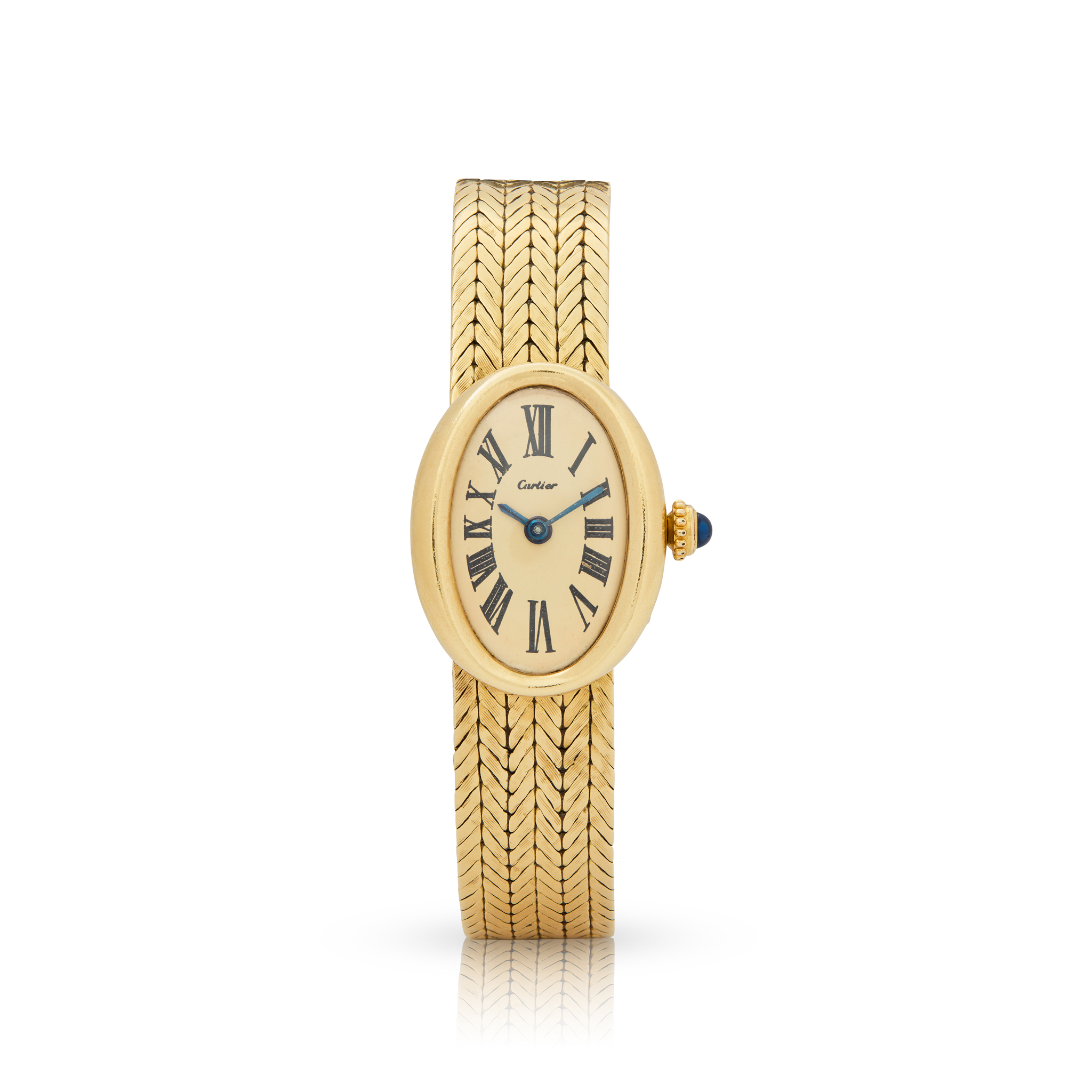 Cartier, London. A fine, rare and desirable 18k yellow gold oval cased mechanical bracelet watch
