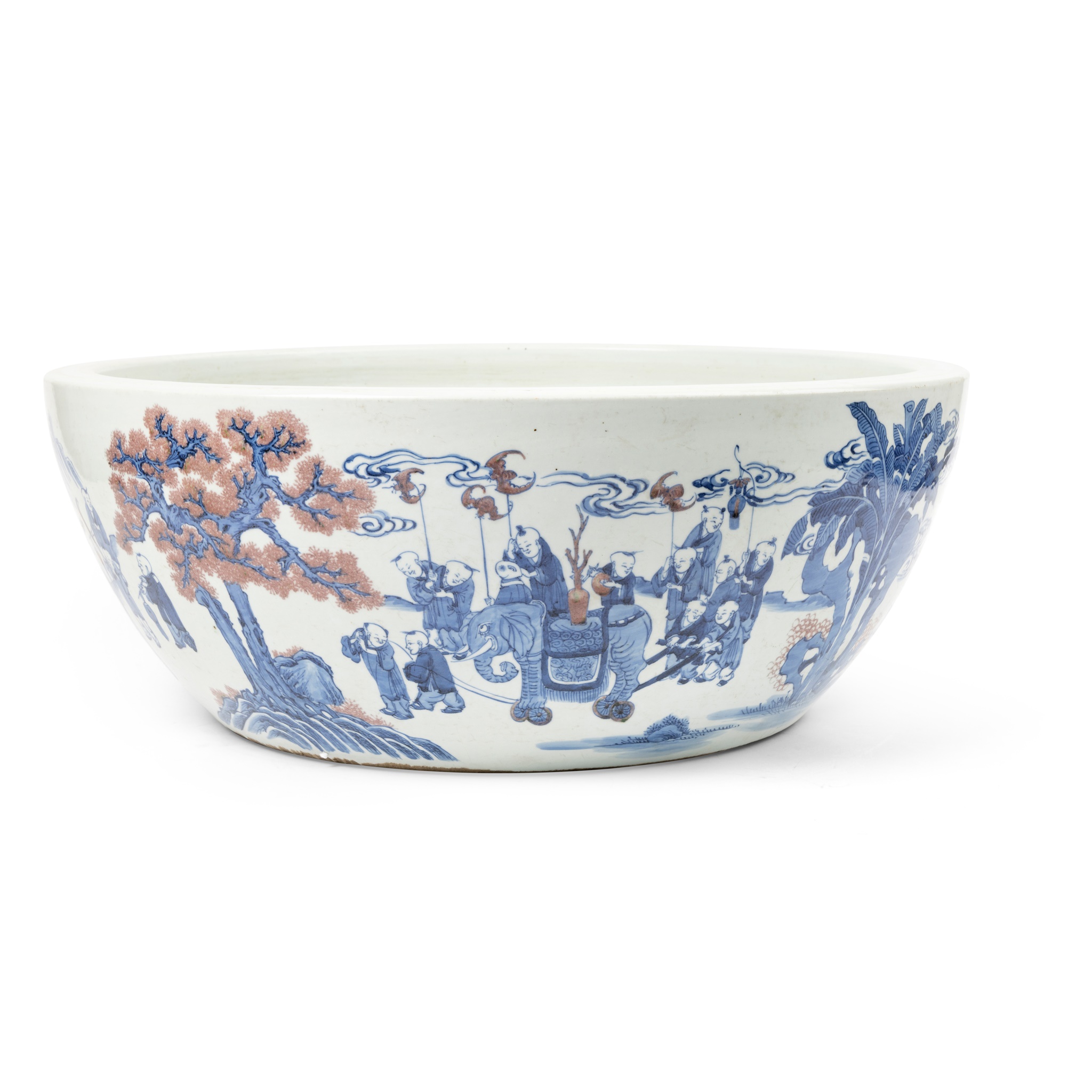 HUGE BLUE AND WHITE WITH UNDERGLAZED-RED 'BOYS AT PLAY' BASIN