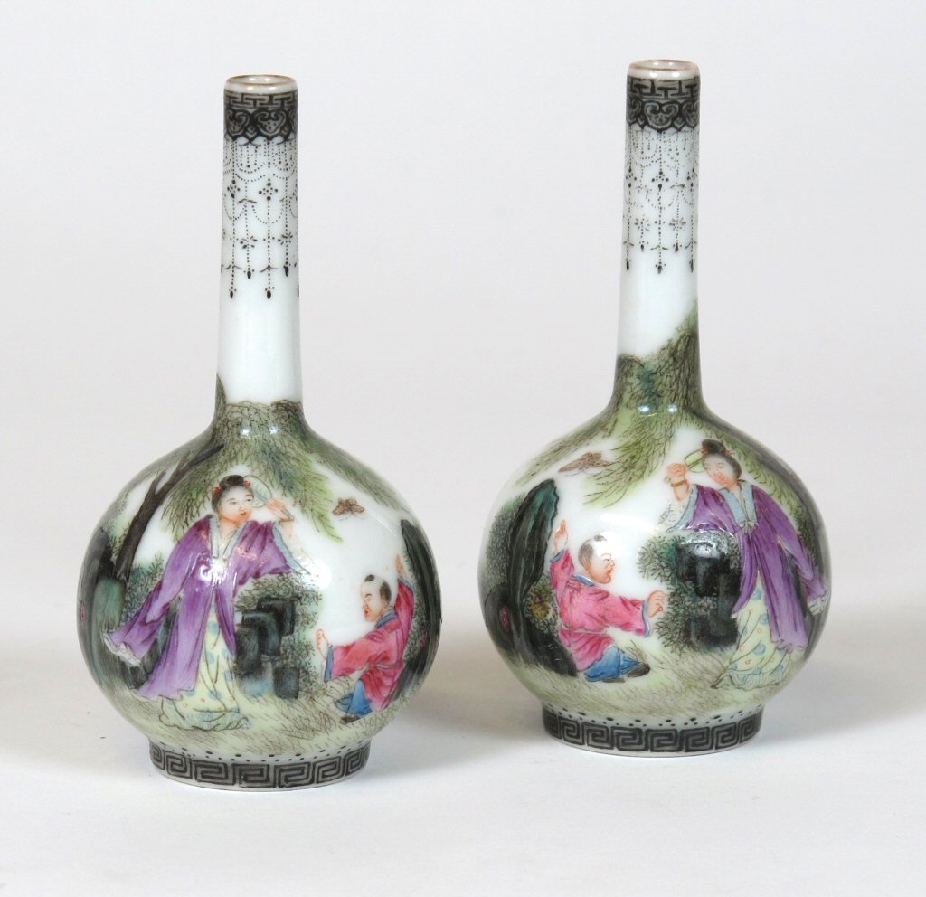 PAIR OF CHINESE POLYCHROME EGGSHELL BOTTLE VASES