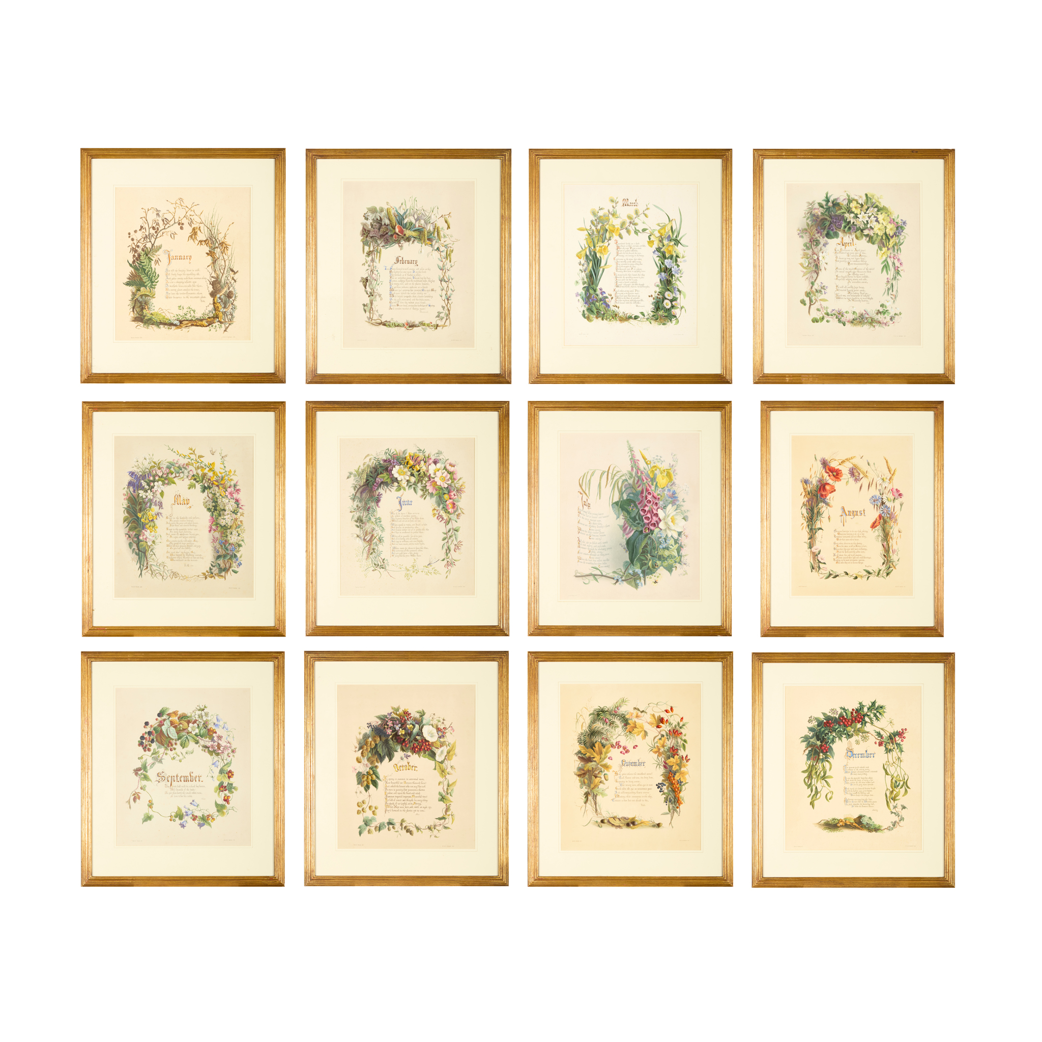 SET OF TWELVE COLOUR LITHOGRAPHIC PRINTS OF BRITISH WILDFLOWERS IN THEIR MONTHS OF THE YEAR, AFTER HARRIET BROOKE