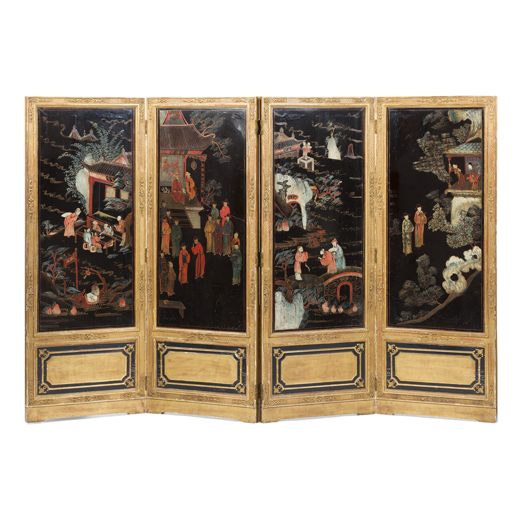 SET OF FOUR POLYCHROME LACQUER PANELS