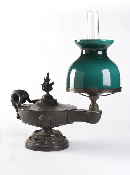 A 19th century bronze Egyptianesque colza oil lamp