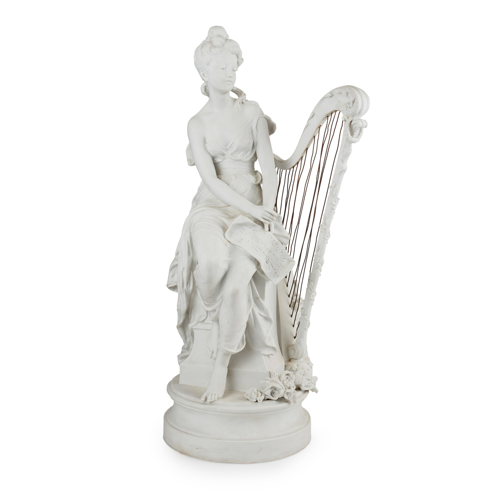 FRENCH BISQUE FIGURE OF A WOMAN WITH A HARP, AFTER HIPPOLYTE MOREAU