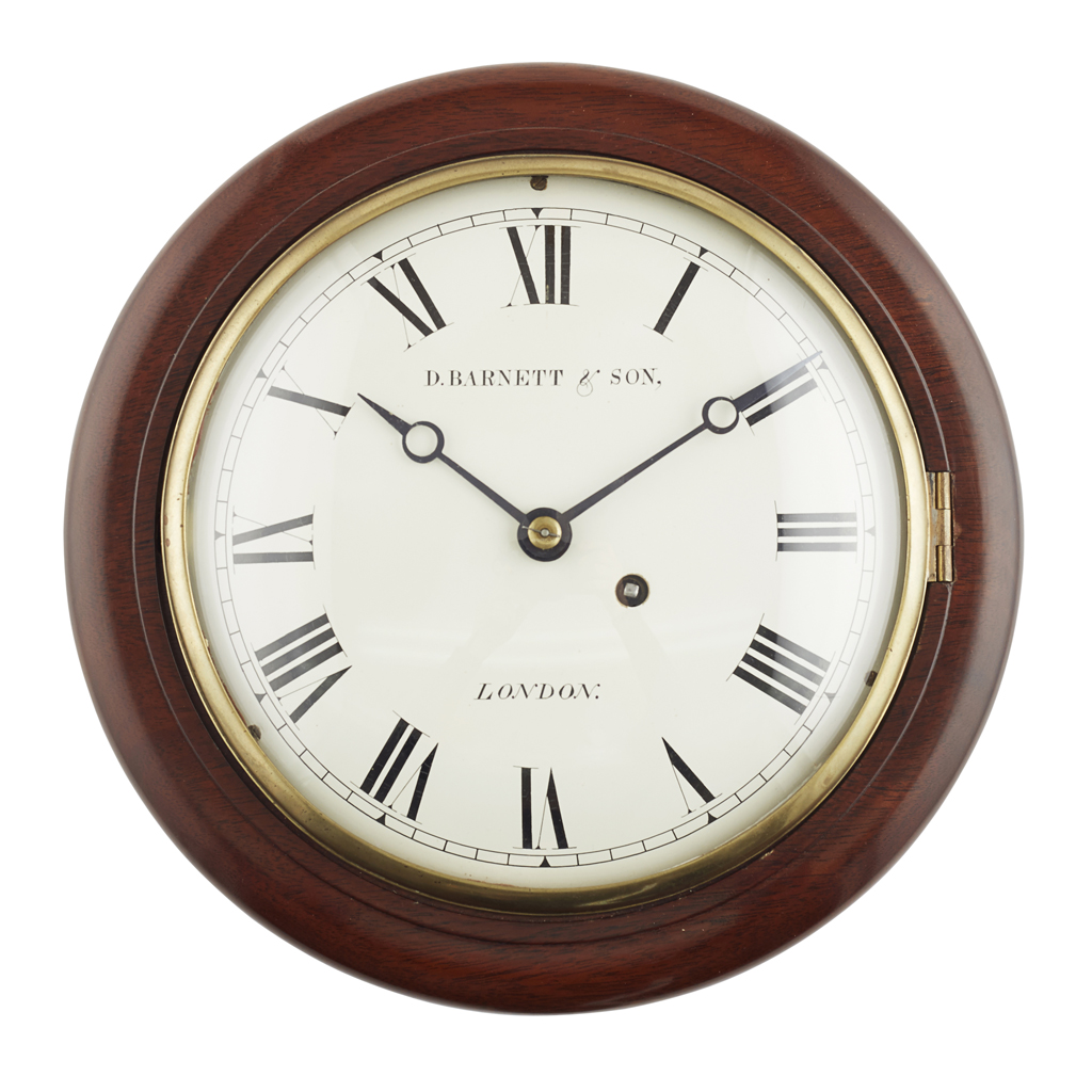 SMALL MAHOGANY ROUND-DIAL WALL CLOCK