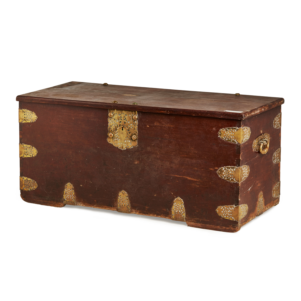 LARGE DUTCH COLONIAL WALNUT AND BRASS BOUND CHEST
