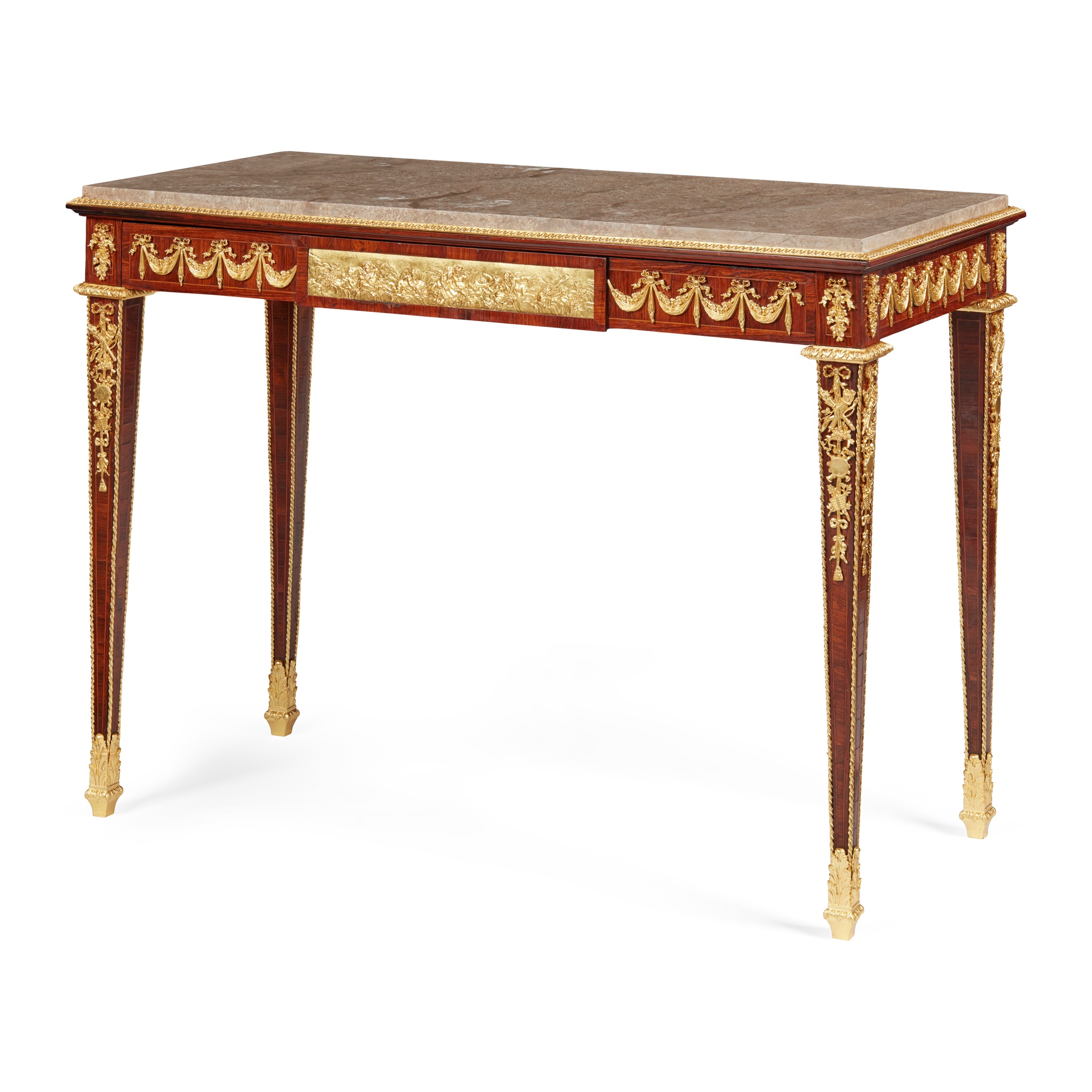 FINE LOUIS XVI STYLE KINGWOOD AND GILT BRONZE MOUNTED MARBLE TOPPED CENTRE TABLE