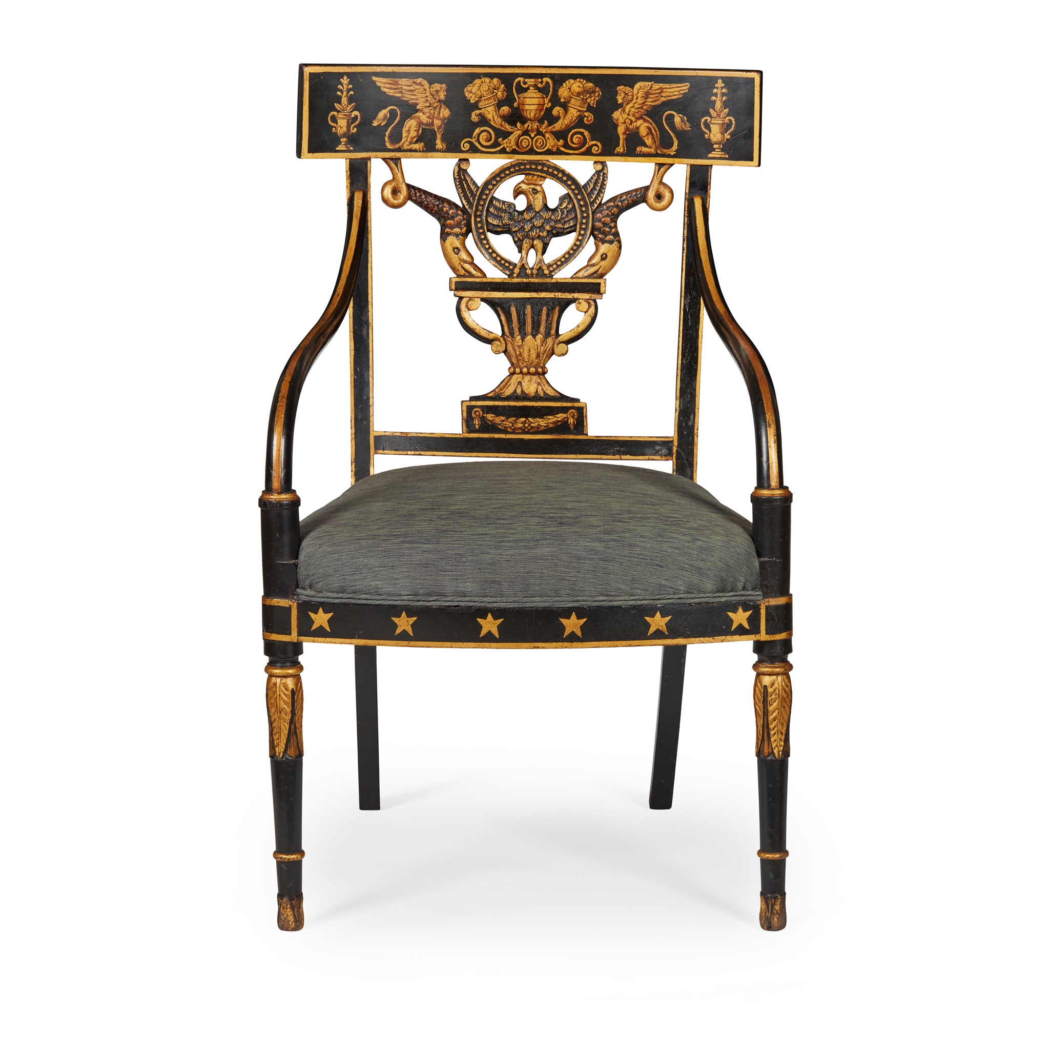REGENCY EBONISED AND PARCEL GILT DECORATED ARMCHAIR