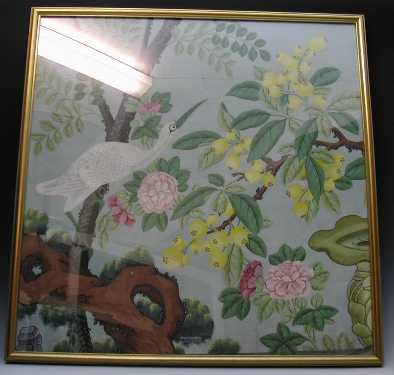 A framed section of 18th century English painted chinoiserie wallpaper,