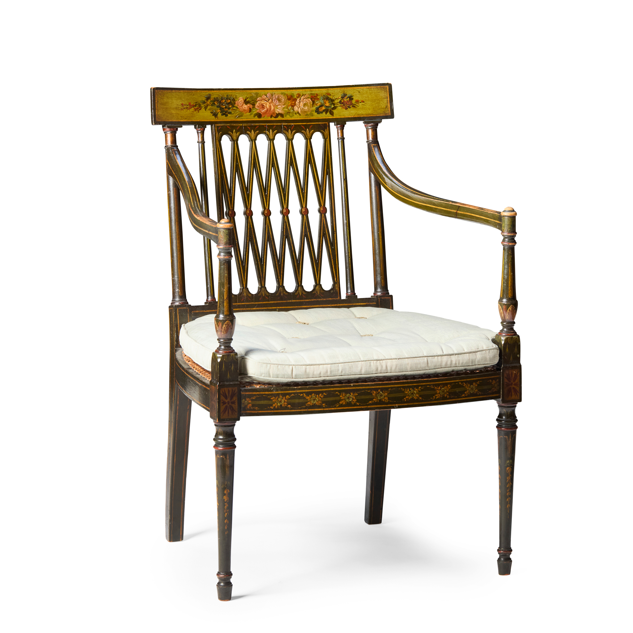 LATE GEORGE III PAINTED OPEN ARMCHAIR