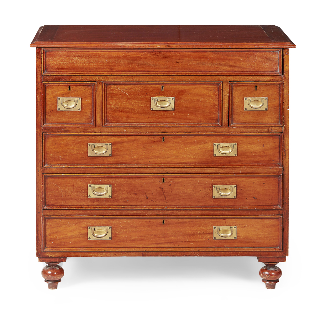 LATE REGENCY MAHOGANY CAMPAIGN WASHSTAND CHEST OF DRAWERS