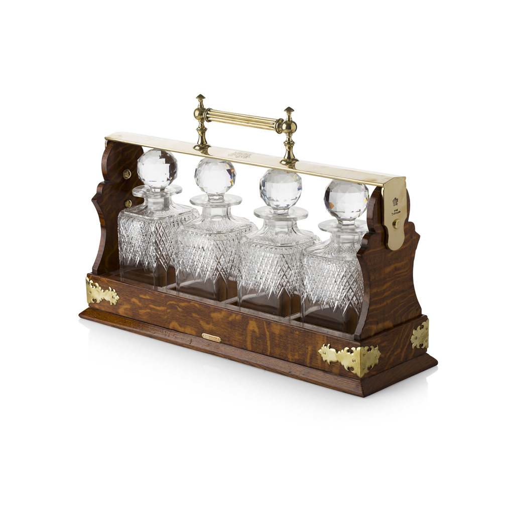 VICTORIAN BETJEMANN'S BRASS MOUNTED OAK FOUR DECANTER TANTALUS